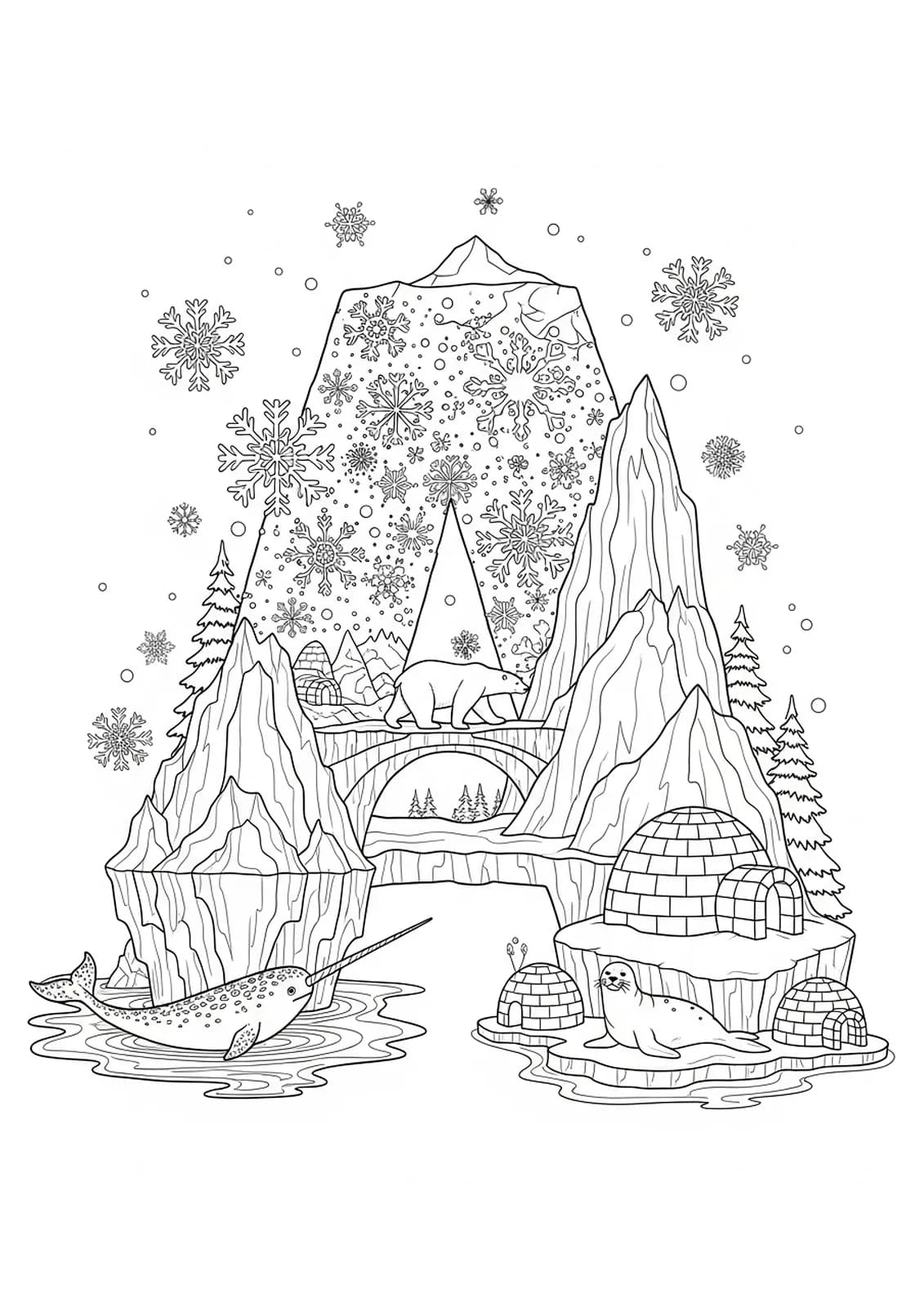 Letter A surrounded by detailed arctic animals, igloos, and snowflakes, hard coloring page for preschool