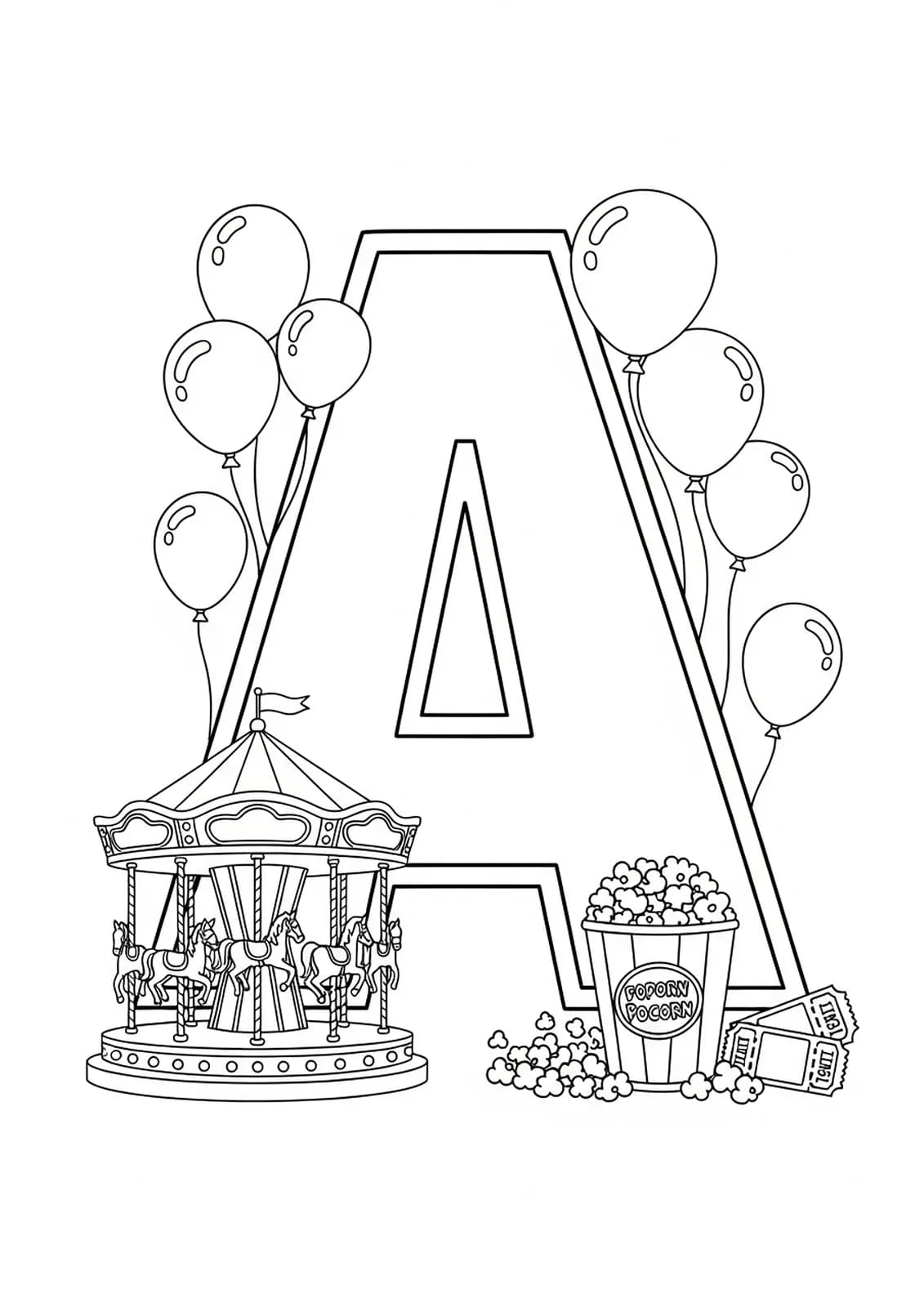 Letter A with a carousel, balloons, tickets, and popcorn at an amusement park, medium detail