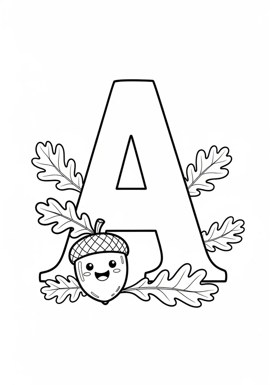 Large letter A with an acorn and simple autumn leaves, easy preschool coloring page.