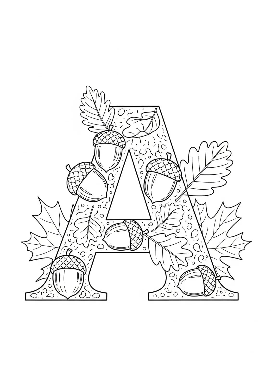 Coloring page with letter A, fall leaves, and acorns for preschool children.