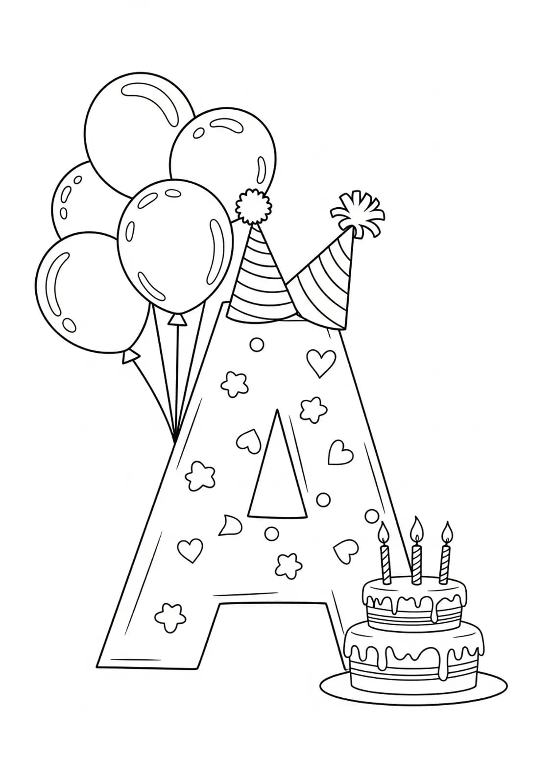 Coloring page featuring the letter A with balloons, a birthday cake, and party decorations.