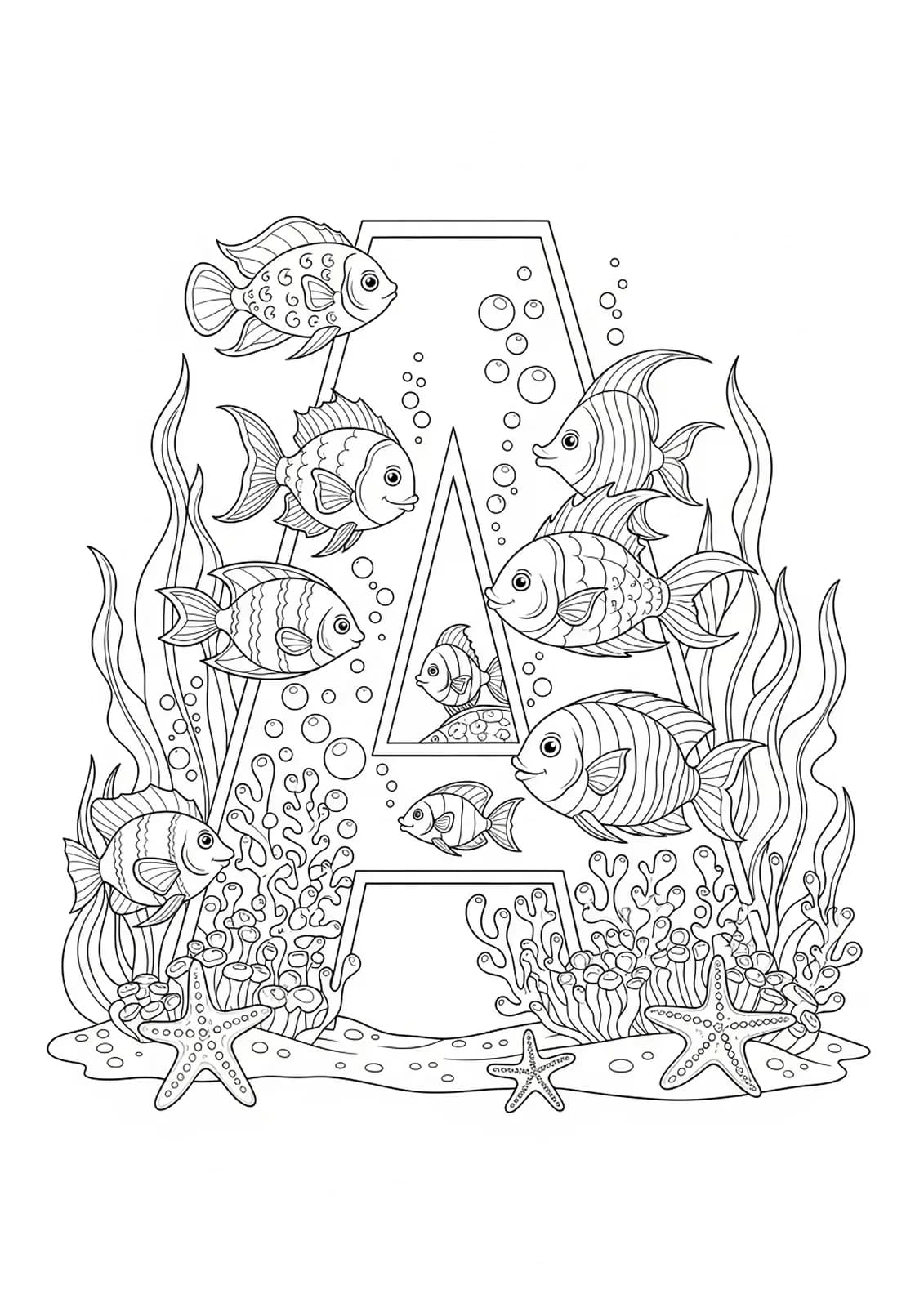Letter A surrounded by fantasy fish, seaweed, starfish, and bubbles in an aquarium, medium detail