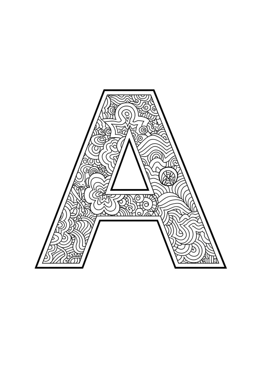 Letter A surrounded by interlocking Escher-style tessellation patterns, hard complexity adult coloring page.