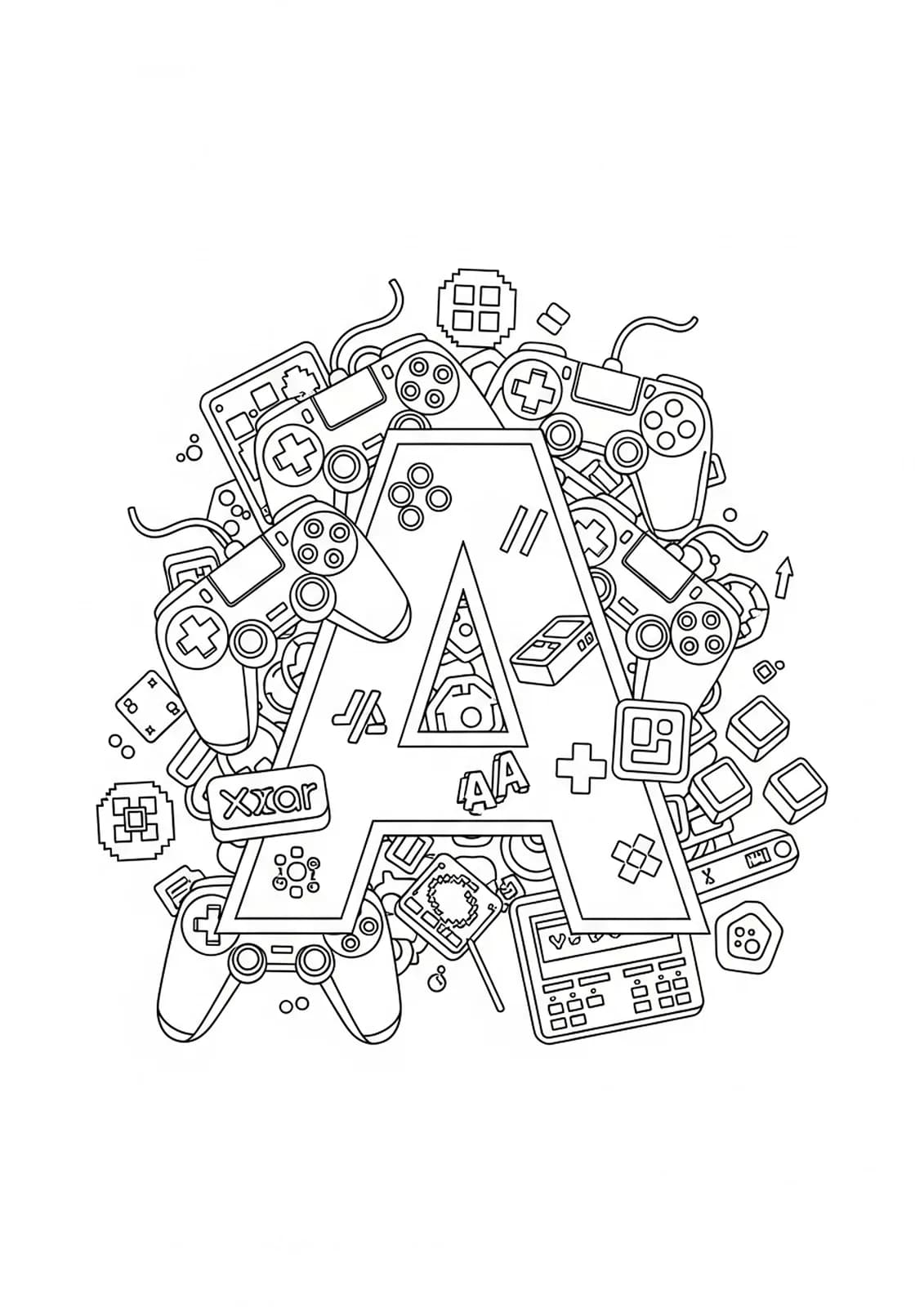 Easy coloring page of the letter A surrounded by video game controllers and icons, designed for teens
