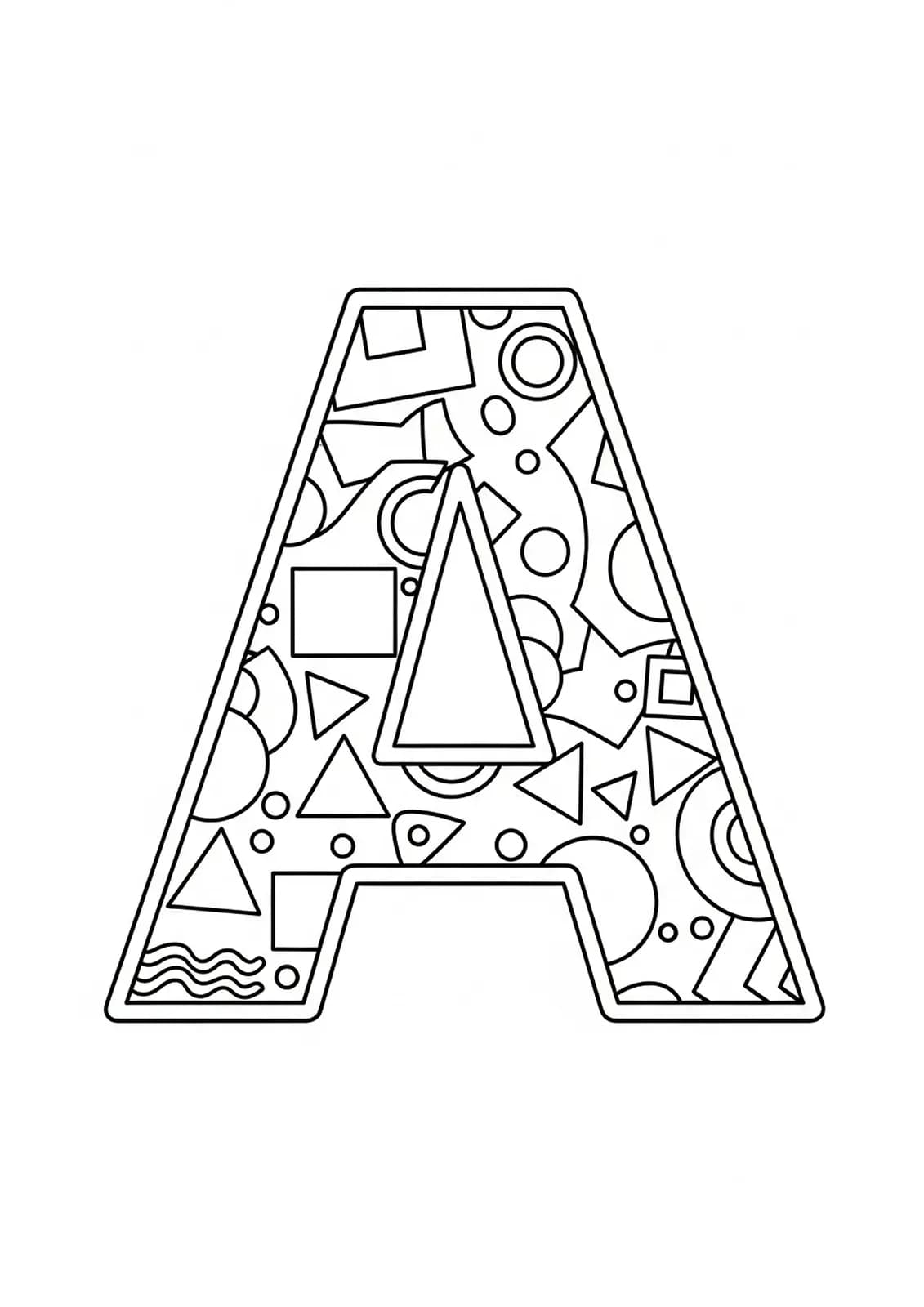 Easy coloring page of the letter A decorated with simple abstract patterns and shapes, designed for teens
