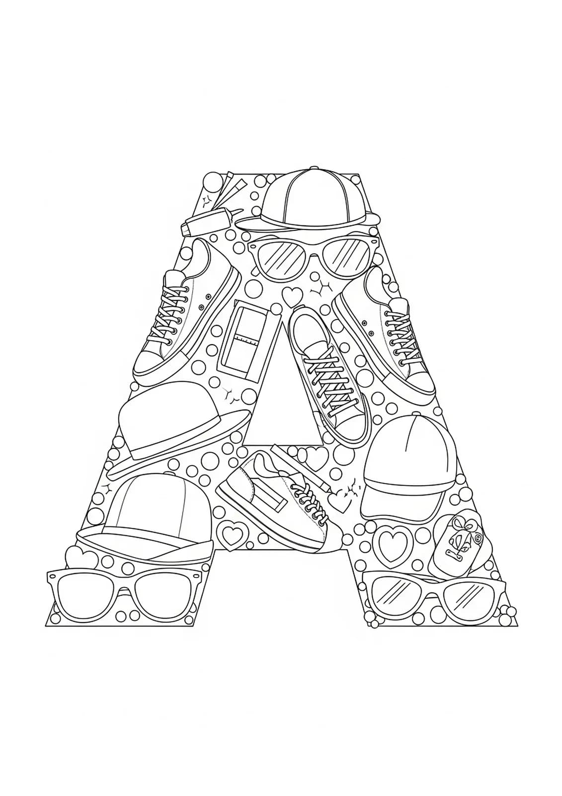 Easy coloring page of the letter A with fashion accessories like sneakers, sunglasses, and hats, designed for teens
