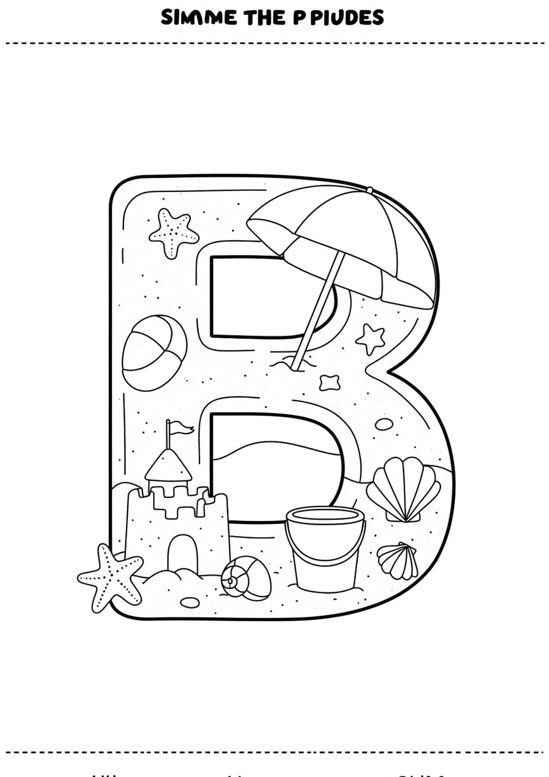 Letter B with a beach scene: sandcastle, bucket, umbrella, seashells, in medium detail for preschool.
