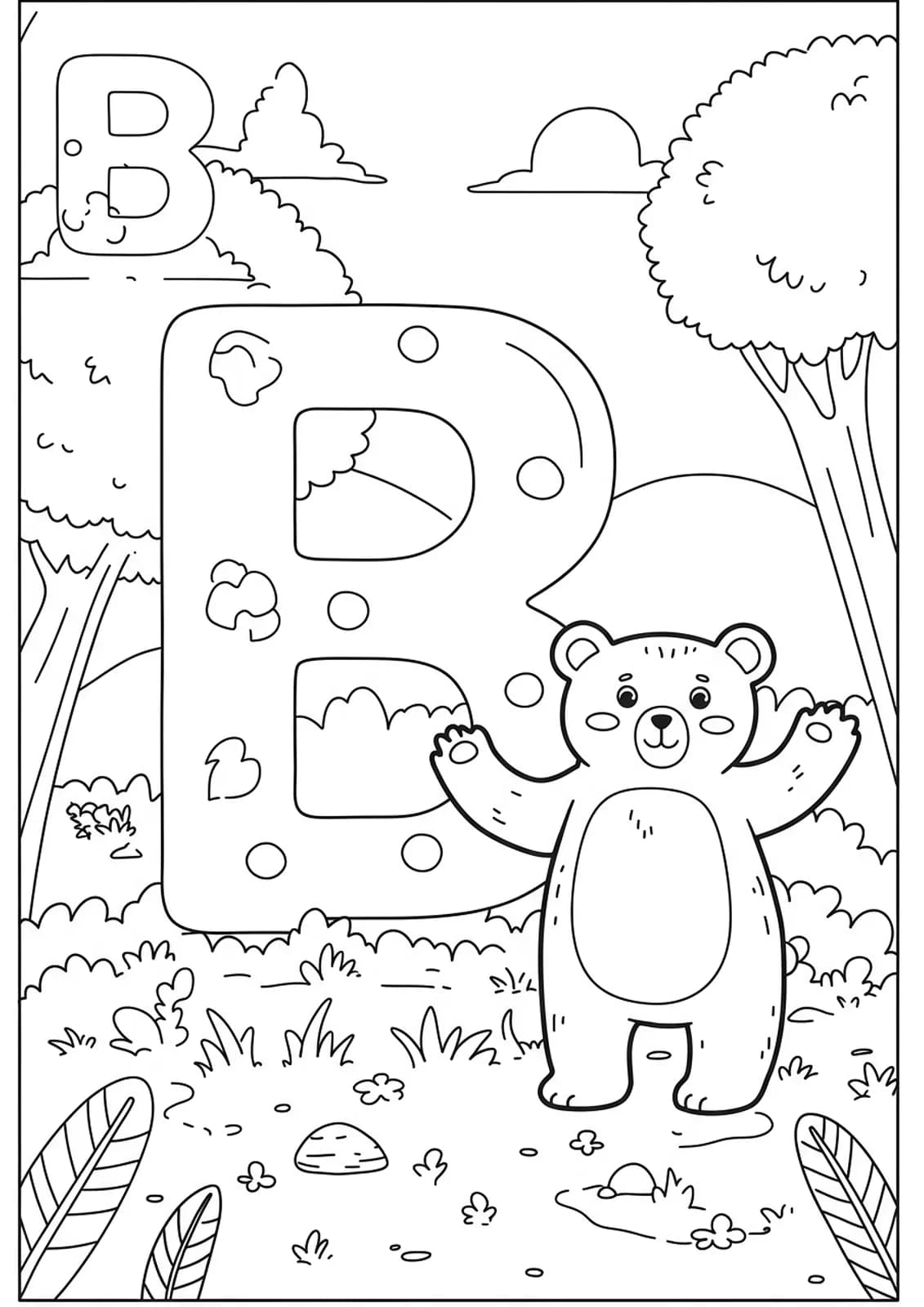 Line art of a large letter B with a friendly bear beside it in a simple forest setting.