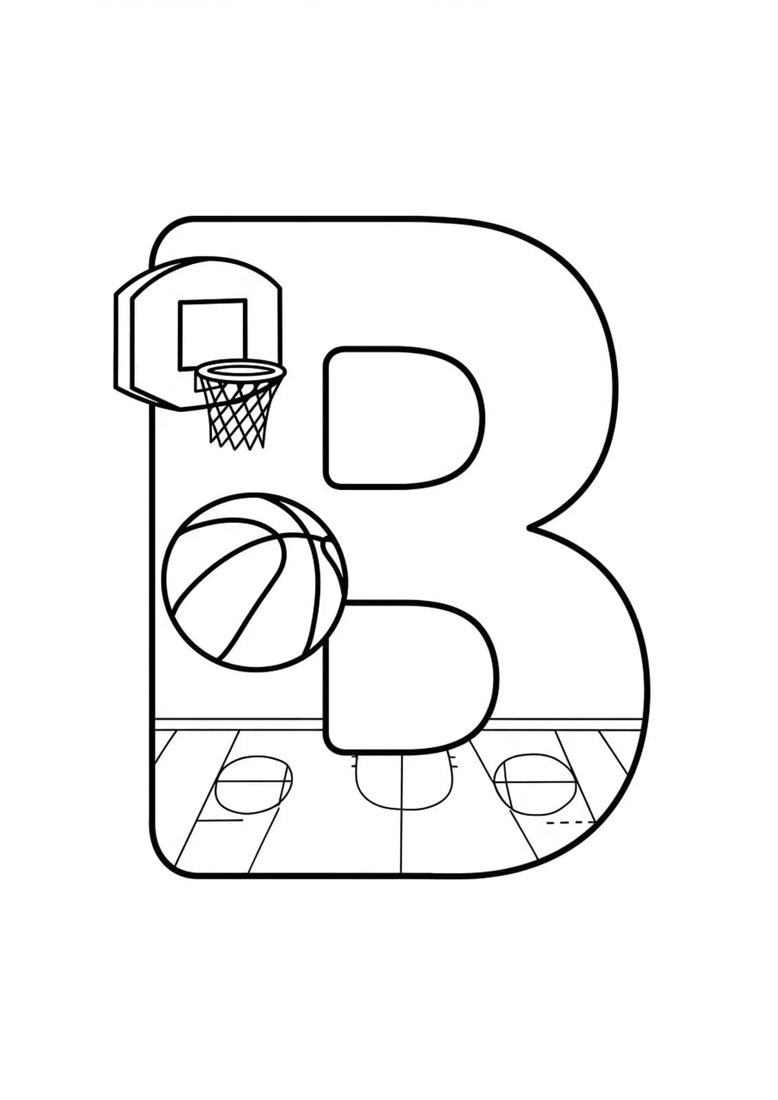 Letter B with a basketball, hoop, and court lines, medium difficulty coloring page for preschool.