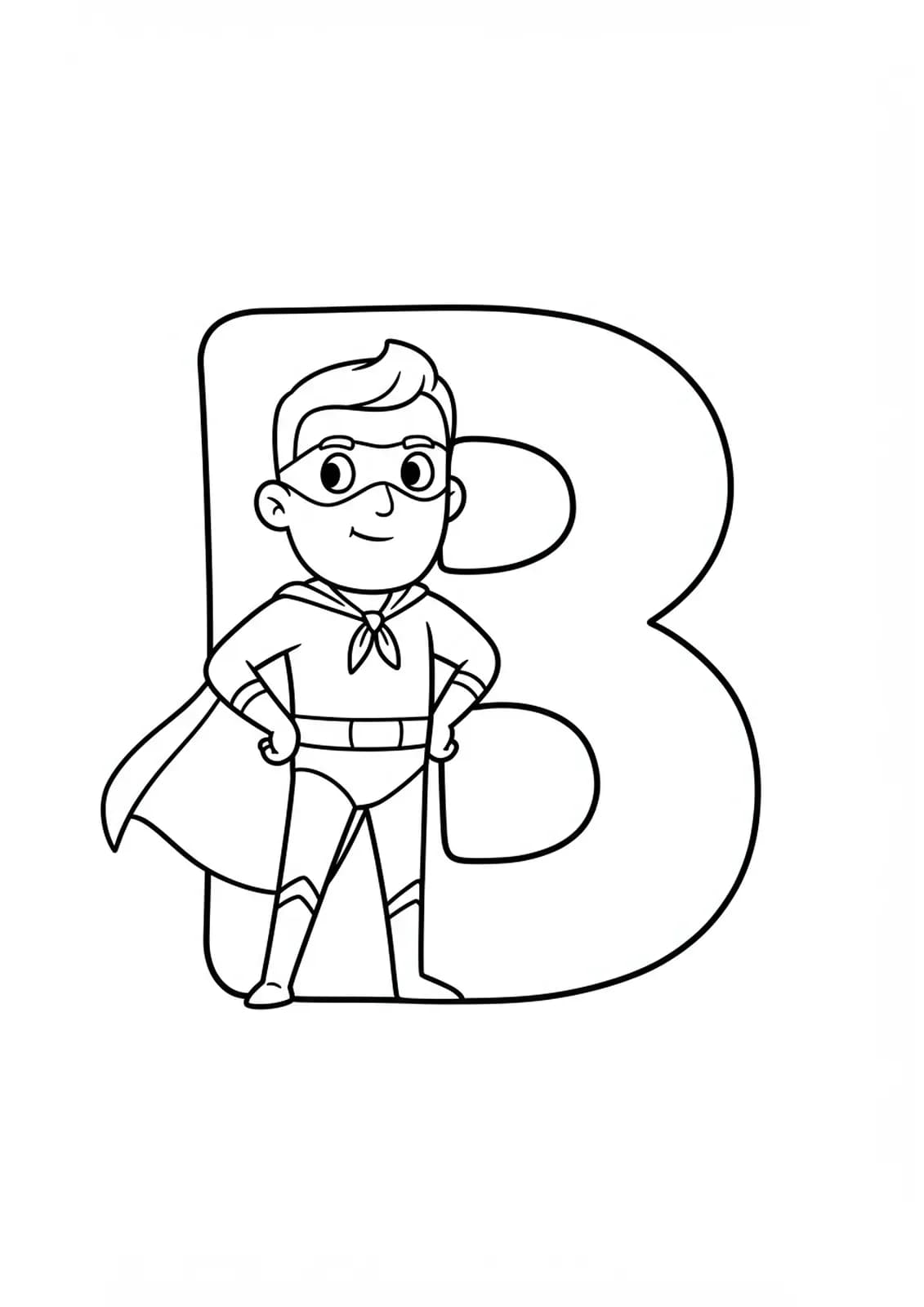 Line art of a large letter B and a friendly superhero character for young children to color.