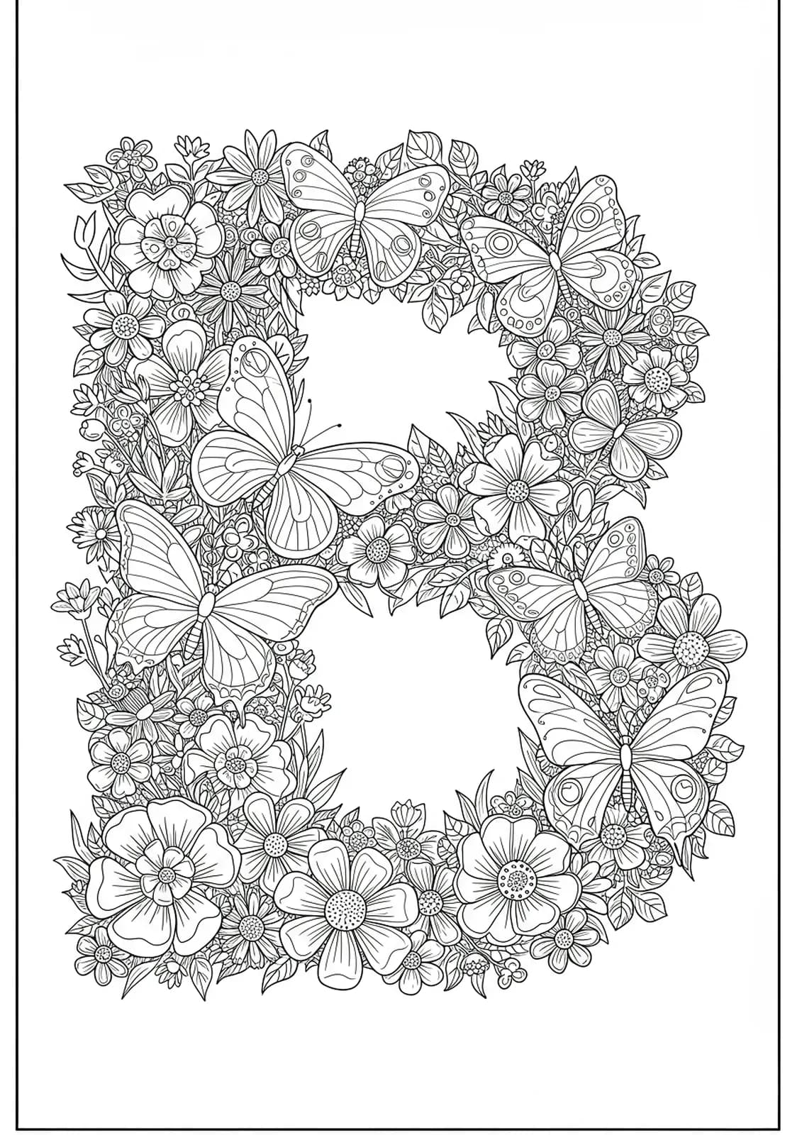 Letter B surrounded by butterflies and flowers, medium detail