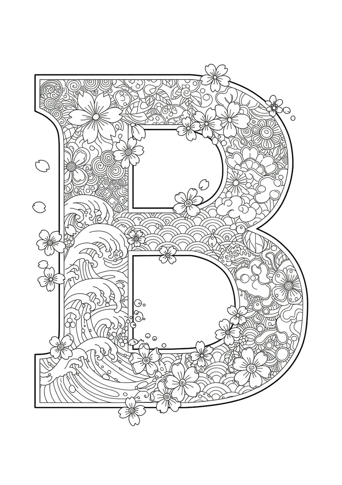 Adult coloring page with letter B surrounded by Asian-inspired patterns like waves, cherry blossoms, and lattices.