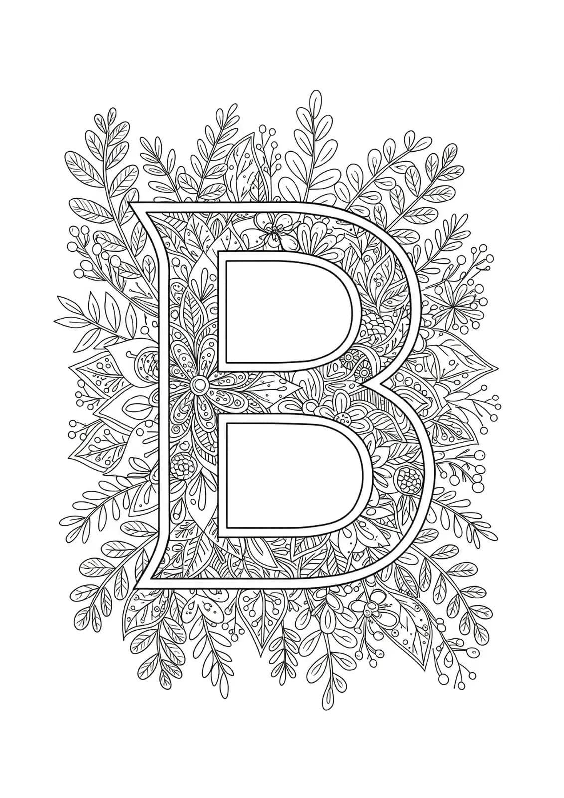 Medium complexity adult coloring page with the letter B surrounded by mandala floral and leafy patterns.