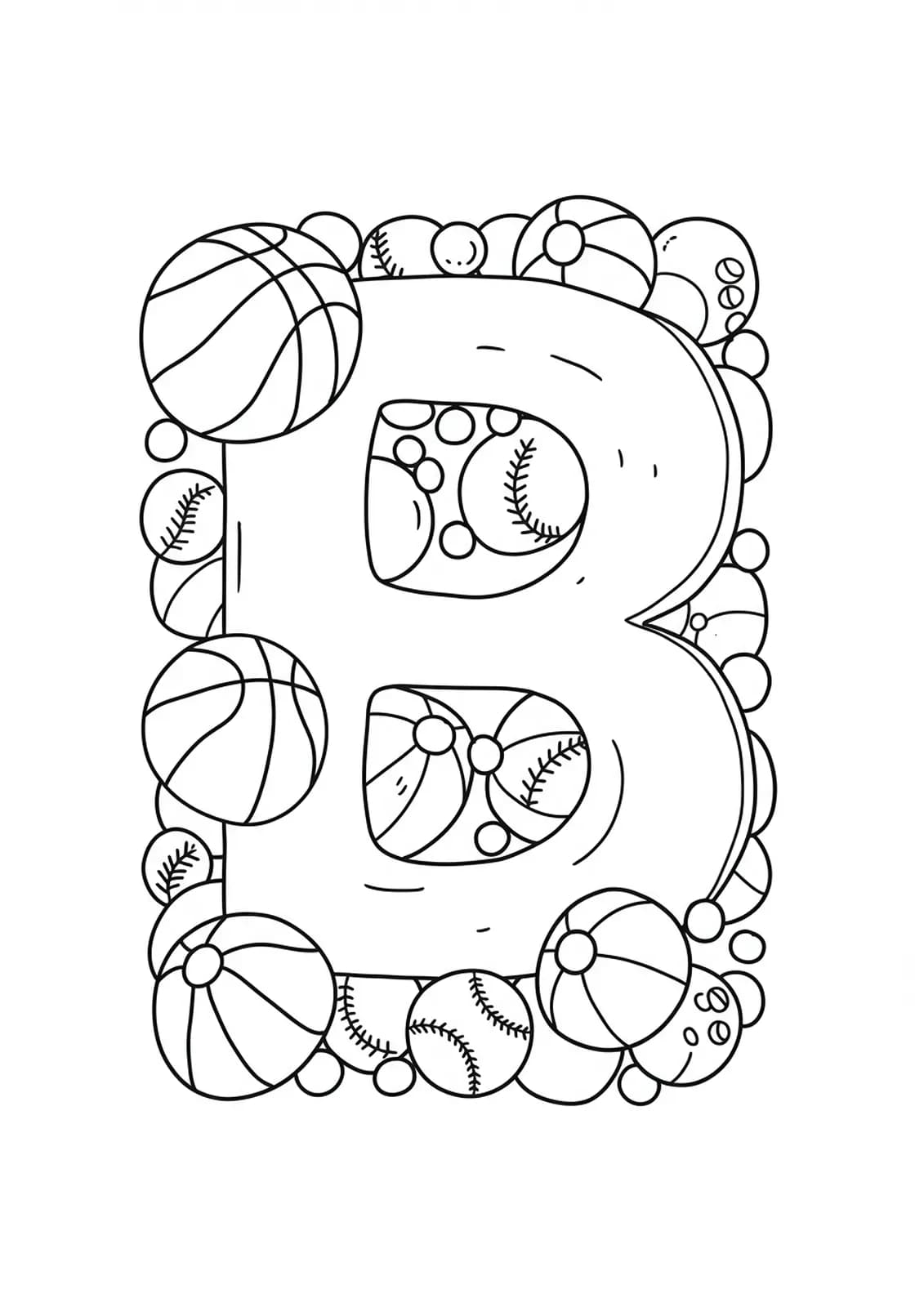 Line art of the letter B with various detailed sports balls bouncing around it.