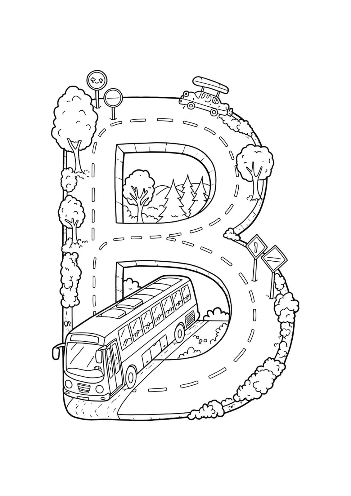 Line art of the letter B with a detailed bus, winding road, trees, and road signs.