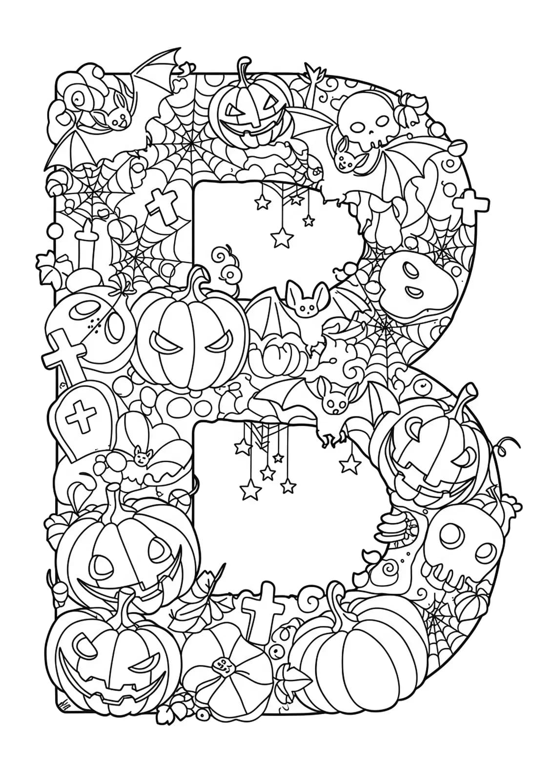 Intricate line art of the letter B with bats, pumpkins, spider webs, and Halloween decorations.