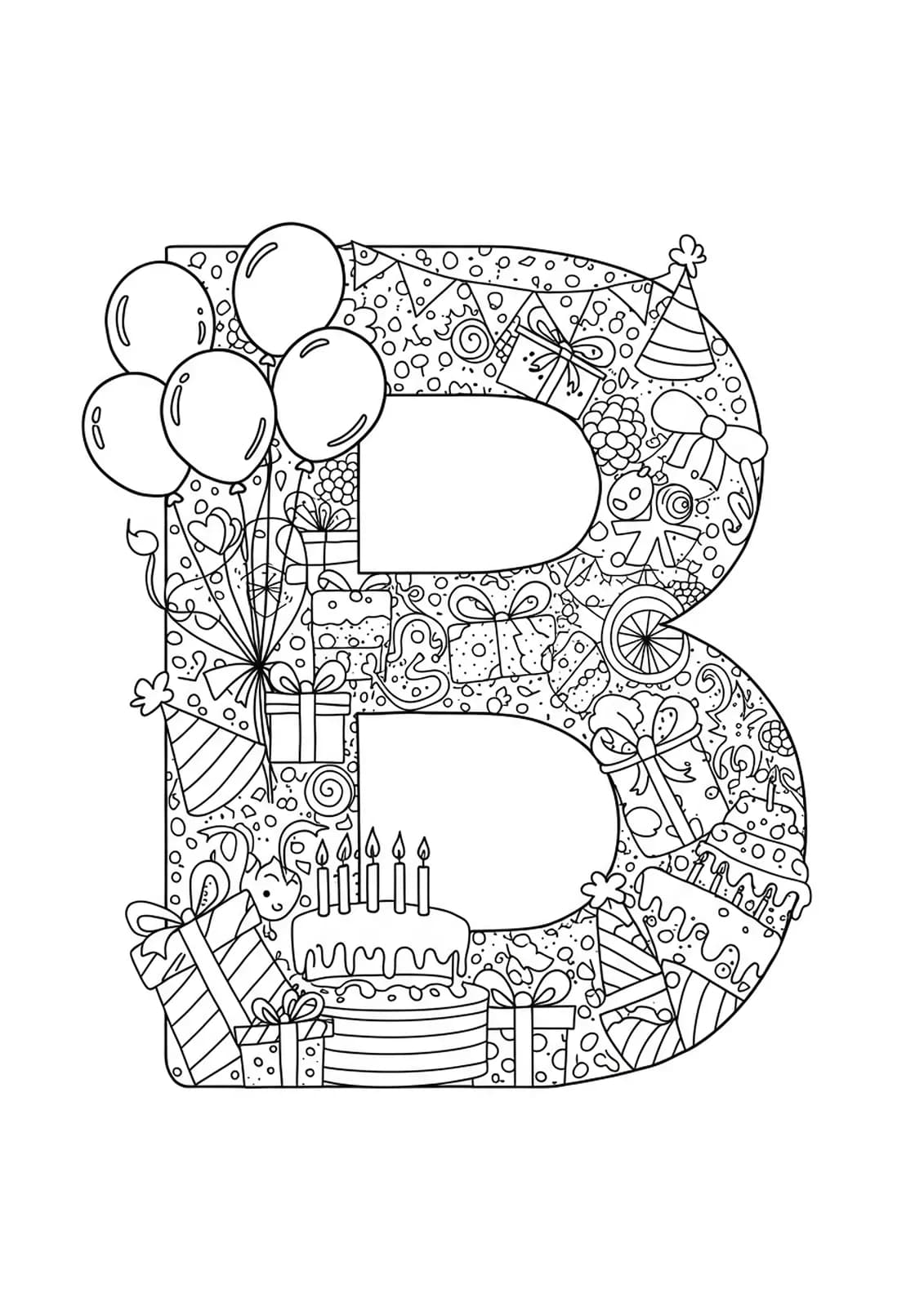 Letter B decorated with detailed birthday balloons, cake, presents, confetti, and party hats for coloring.