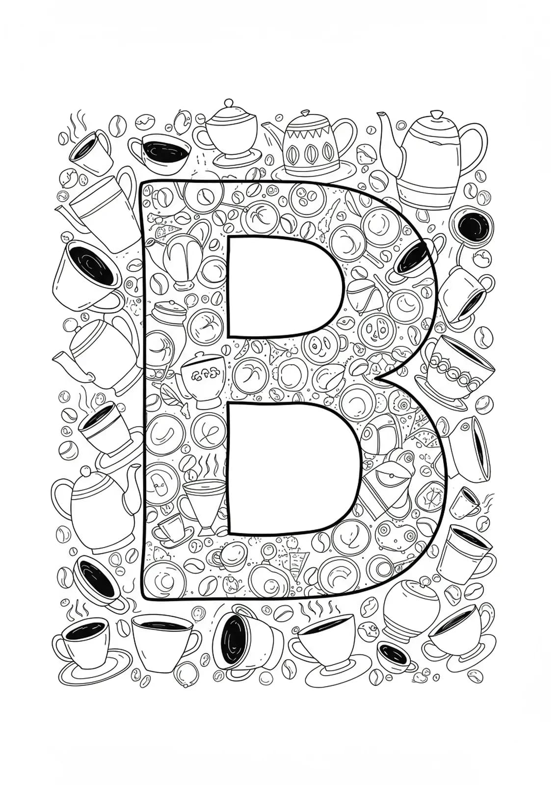 Letter B with coffee and tea elements in easy outlines for adult coloring.