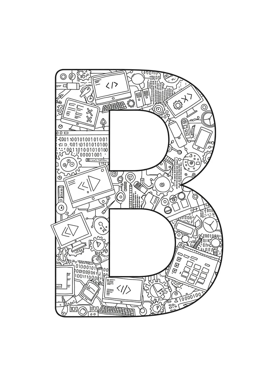 Letter B with computer screens, binary code, coding symbols, and tech icons integrated into the design.