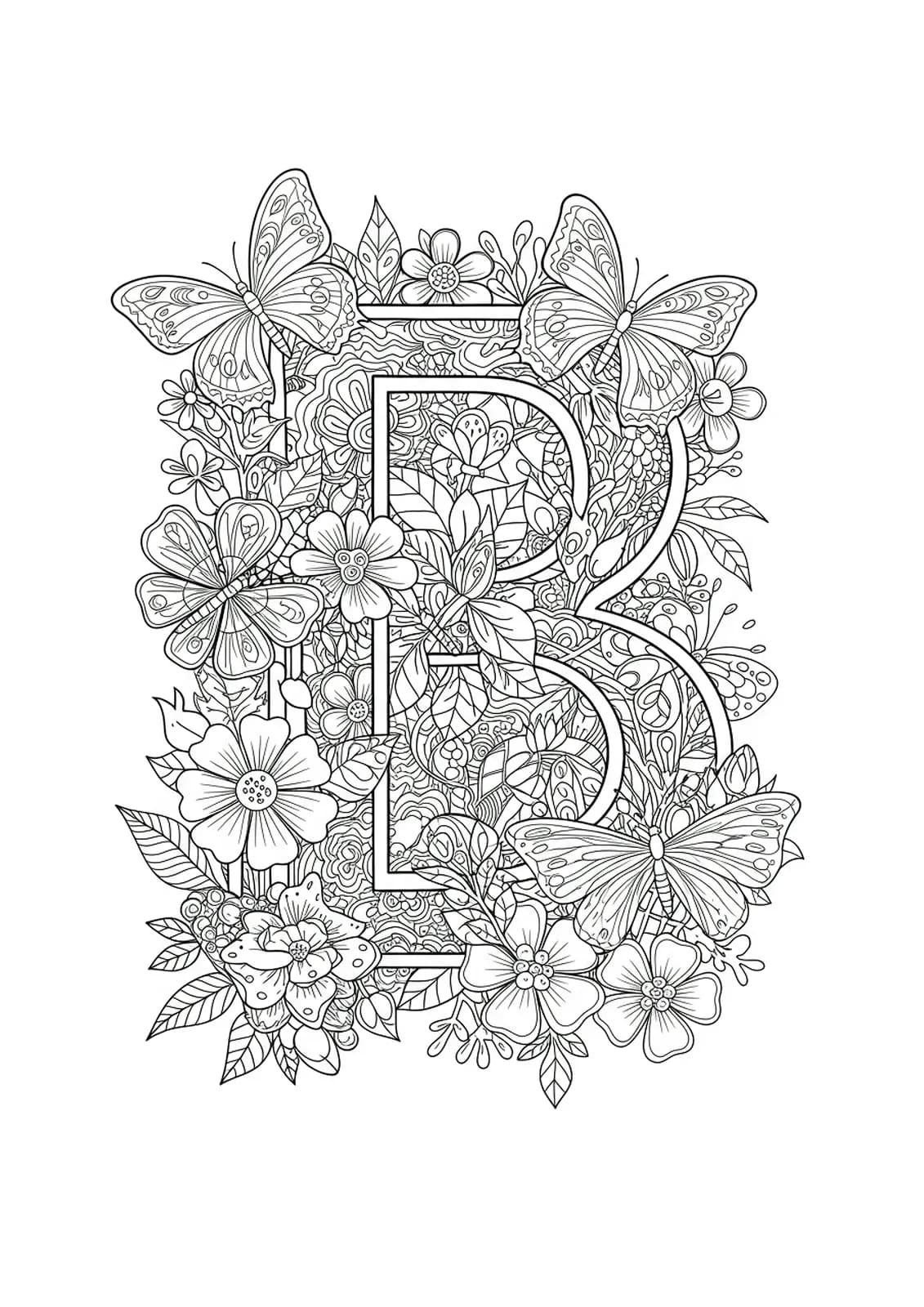 Letter B with detailed butterflies, flowers, and garden leaves in complex patterns for coloring.