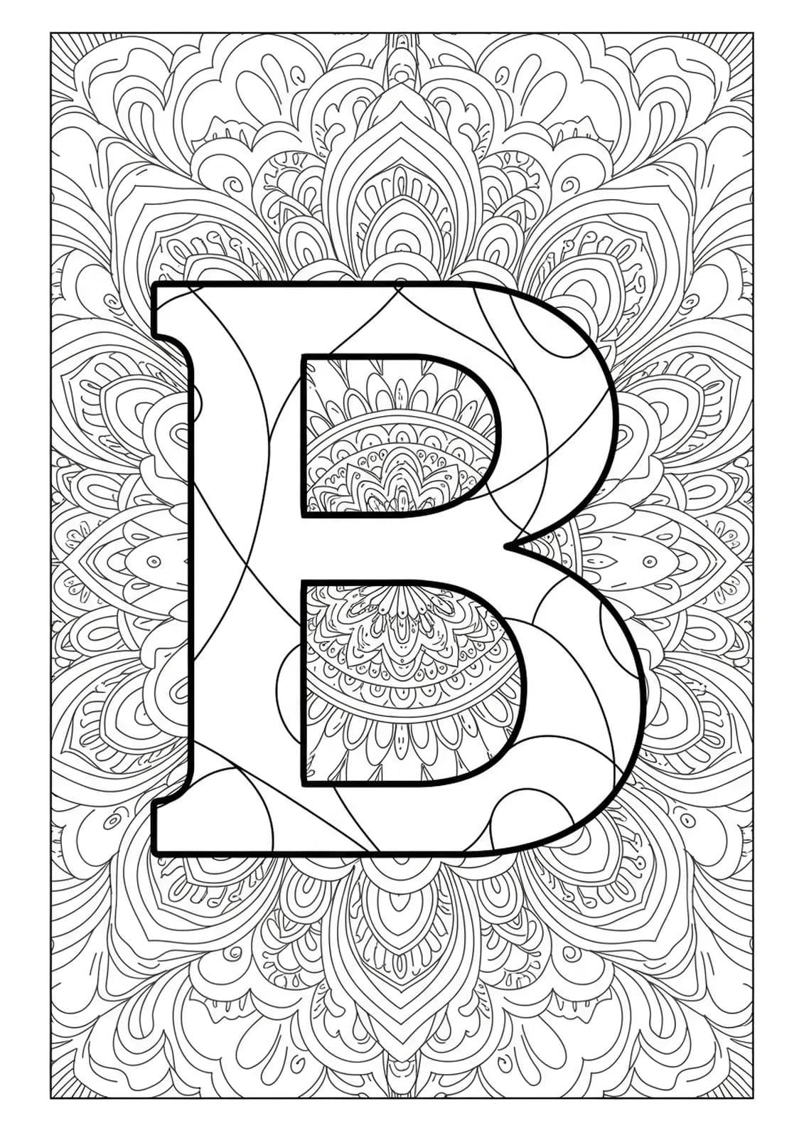 Letter B coloring page with easy geometric mandala designs around the letter.