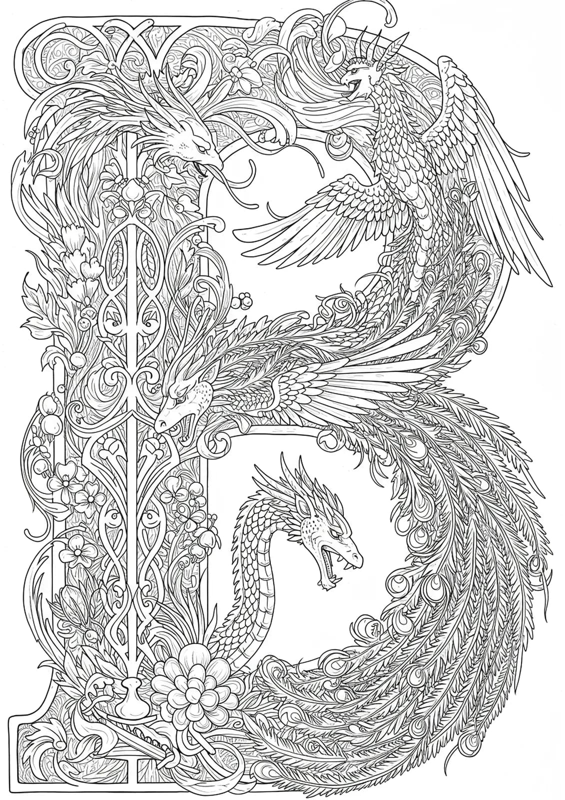 Letter B entwined with intricate Art Nouveau mythical creatures and patterns