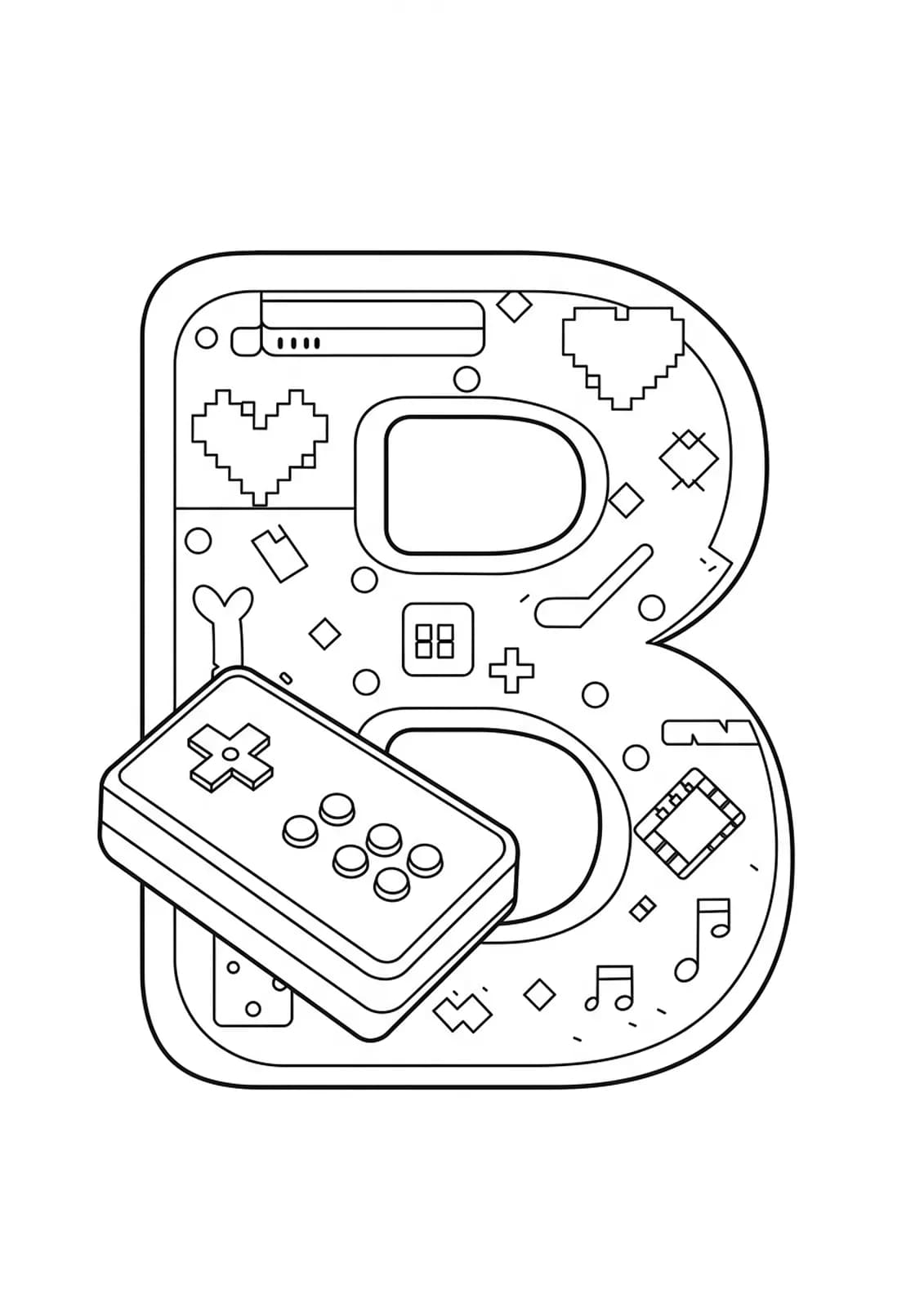 Letter B coloring page with outlines of arcade controller, pixel hearts, and 8-bit designs.