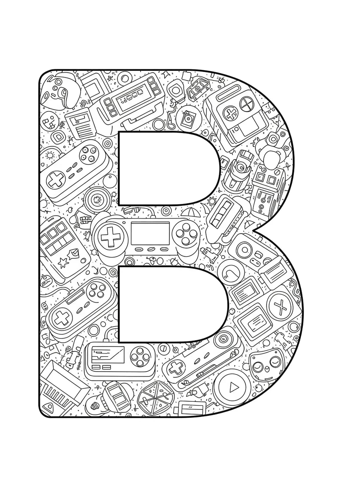 Letter B filled and surrounded by retro pixel art, controllers, and arcade machine elements.