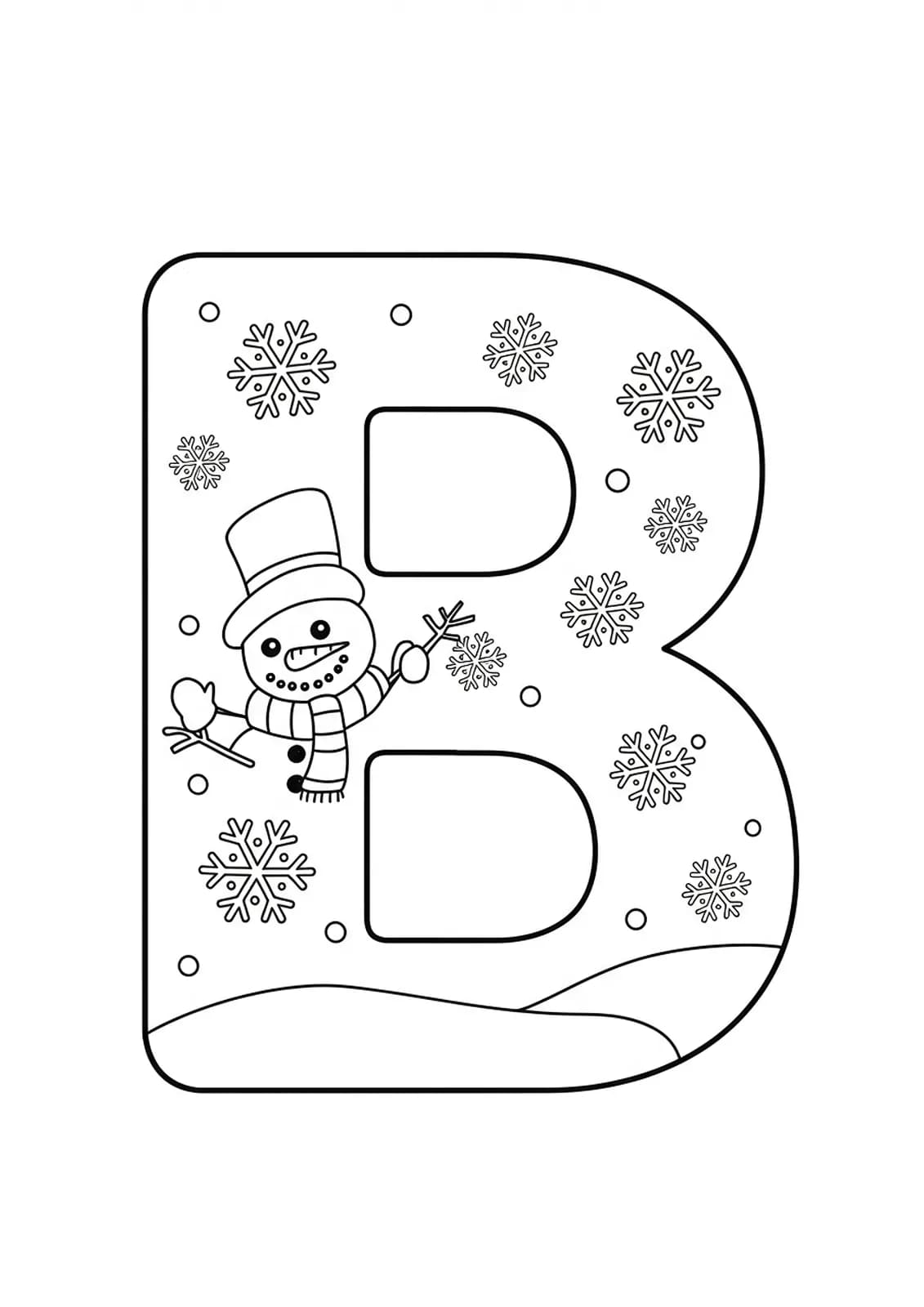 Large letter B with a simple snowman wearing a hat and scarf, and three snowflakes.