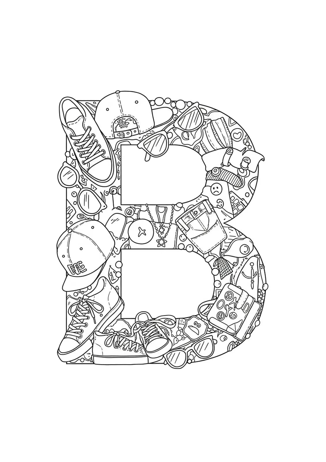 Letter B decorated with street fashion items like sneakers, hats, necklaces, and sunglasses.