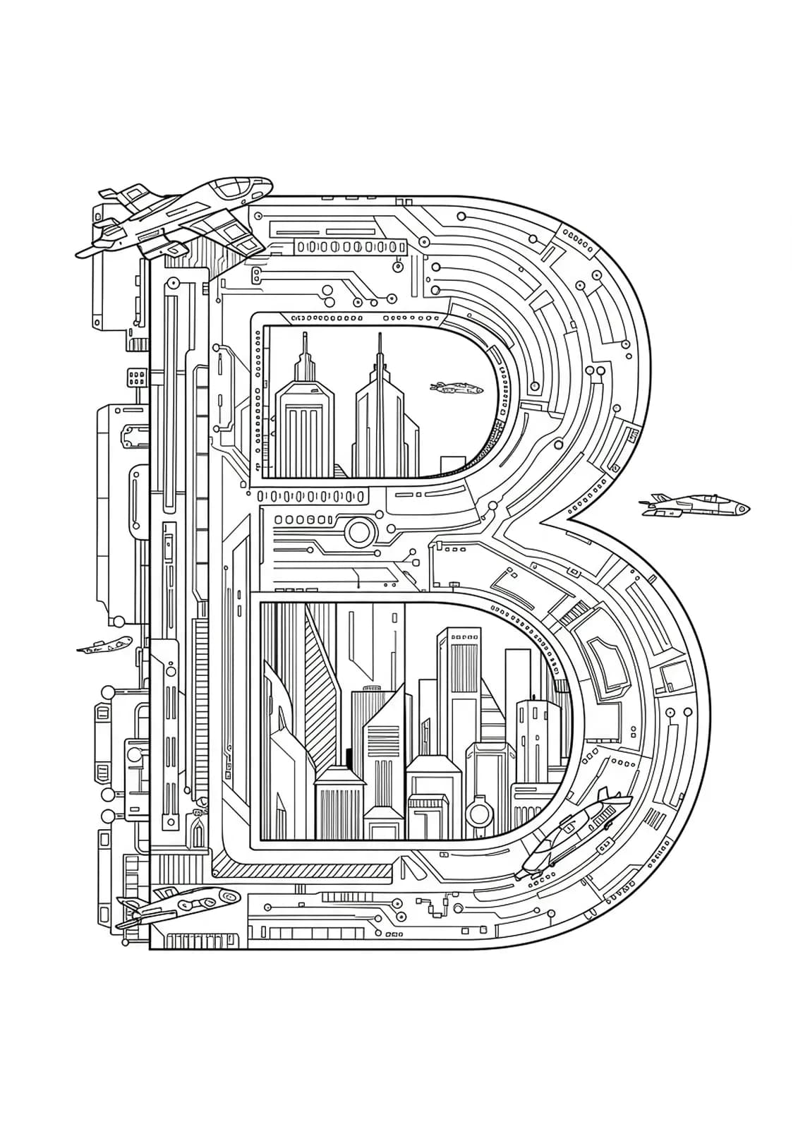 Letter B with futuristic skyscrapers, circuit board lines, and tiny flying cars in and around the letter.