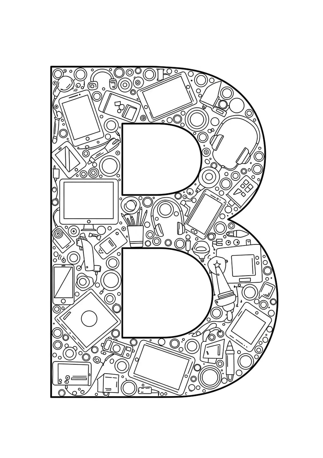 Letter B with technology gadgets in simple outlines, adult coloring.