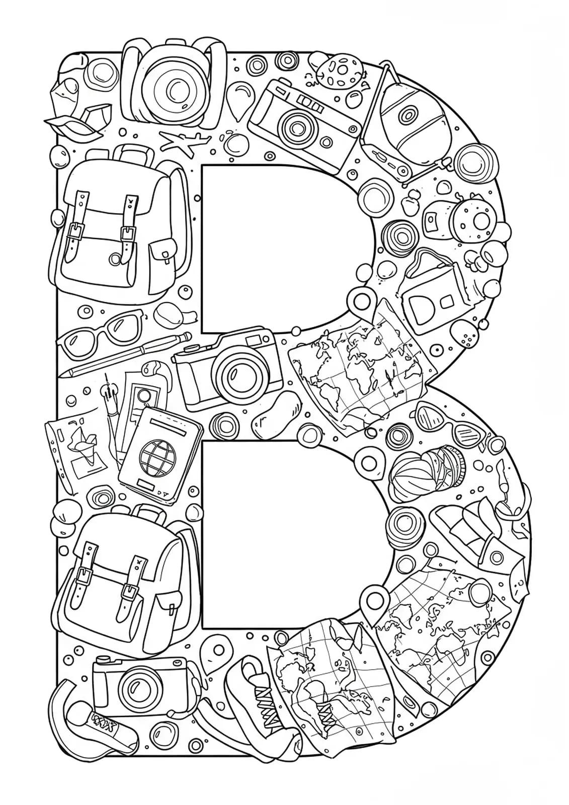 Letter B surrounded by travel items like backpacks, passports, cameras, and world maps.