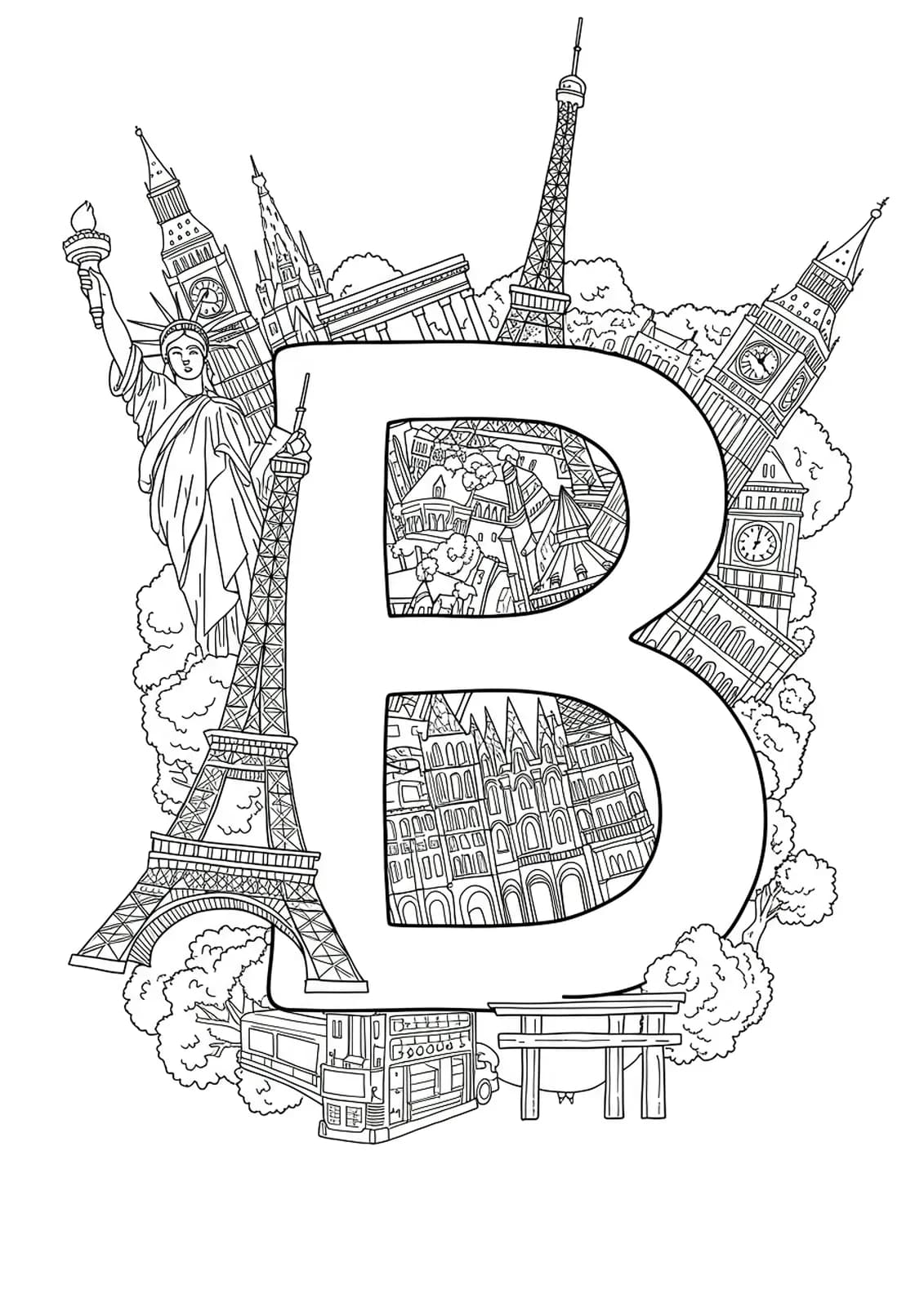 Letter B with intricate world travel landmarks for teen coloring