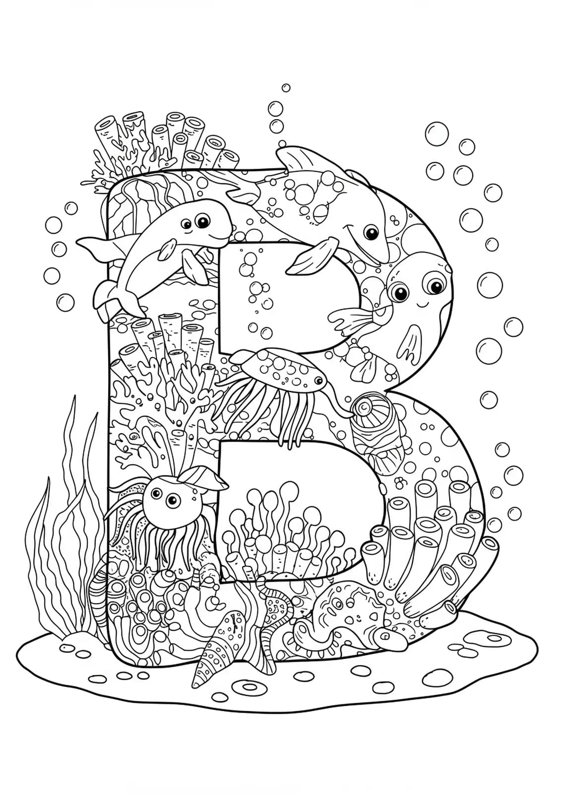 Letter B surrounded by detailed underwater sea creatures, coral, seaweed, and bubbles for coloring.