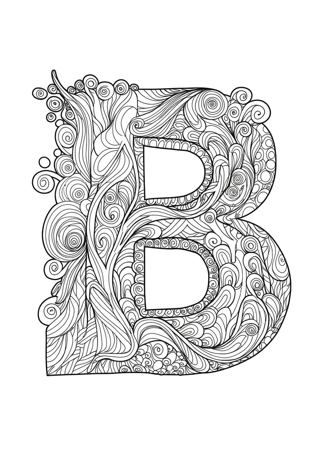 Adult coloring page with letter B surrounded by abstract zen doodle patterns and shapes.