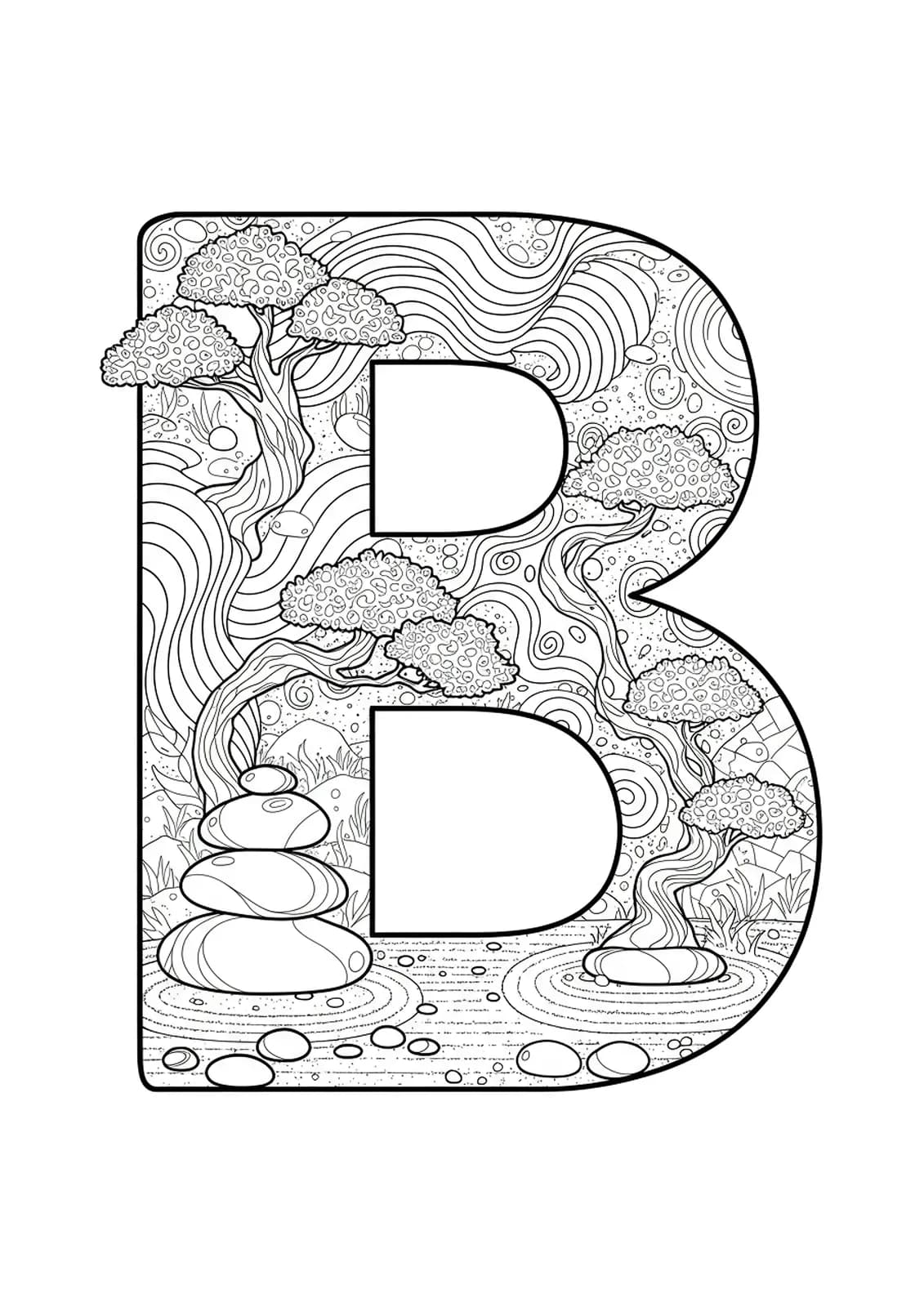 Letter B surrounded and formed by complex Zen garden stones, raked sand, and bonsai branches for hard adult coloring.