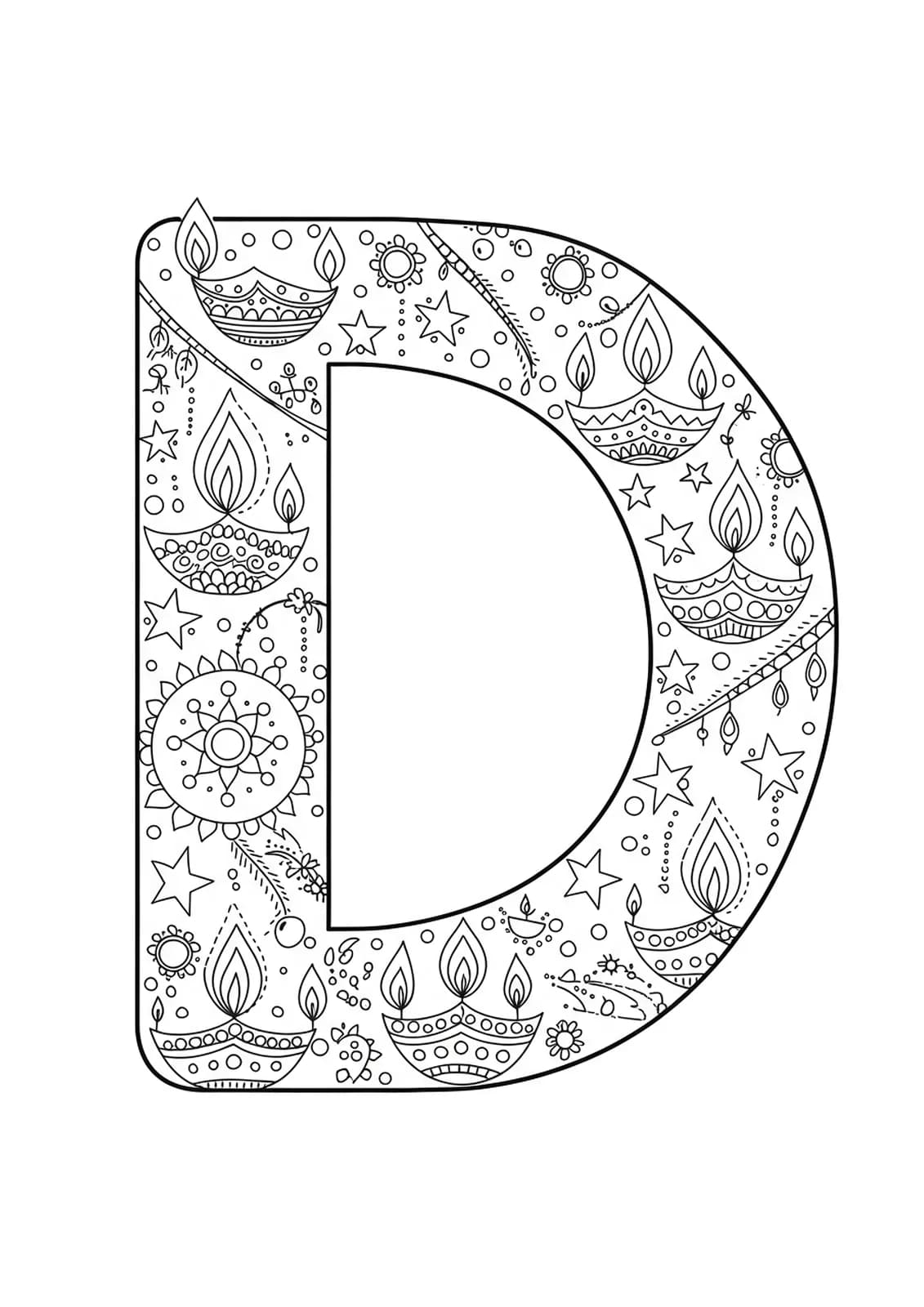 Letter D with traditional Diwali lamps, stars, and festive patterns, designed for preschoolers.
