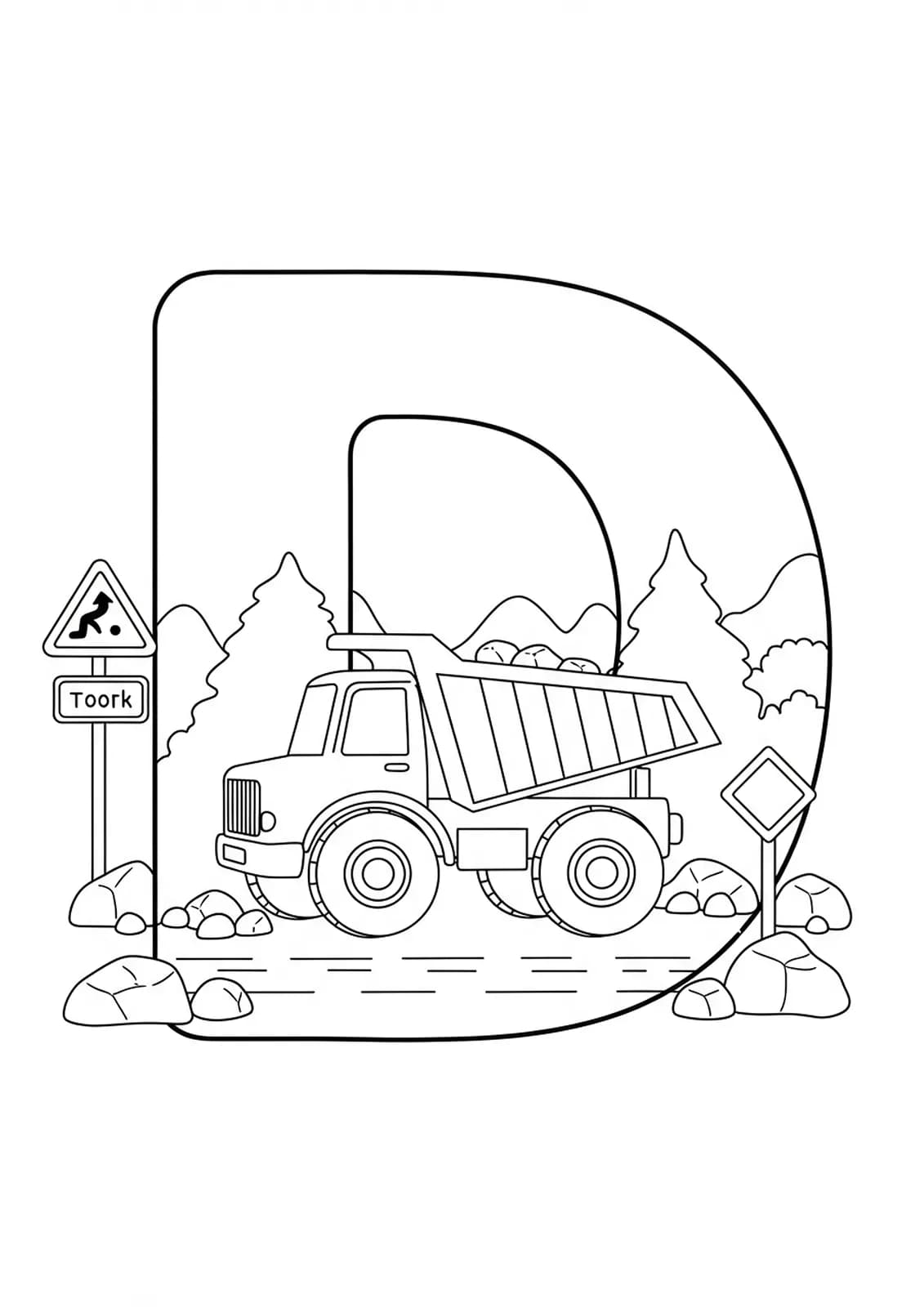Letter D with a dump truck, rocks, and road signs, ideal for preschool vehicle fans.