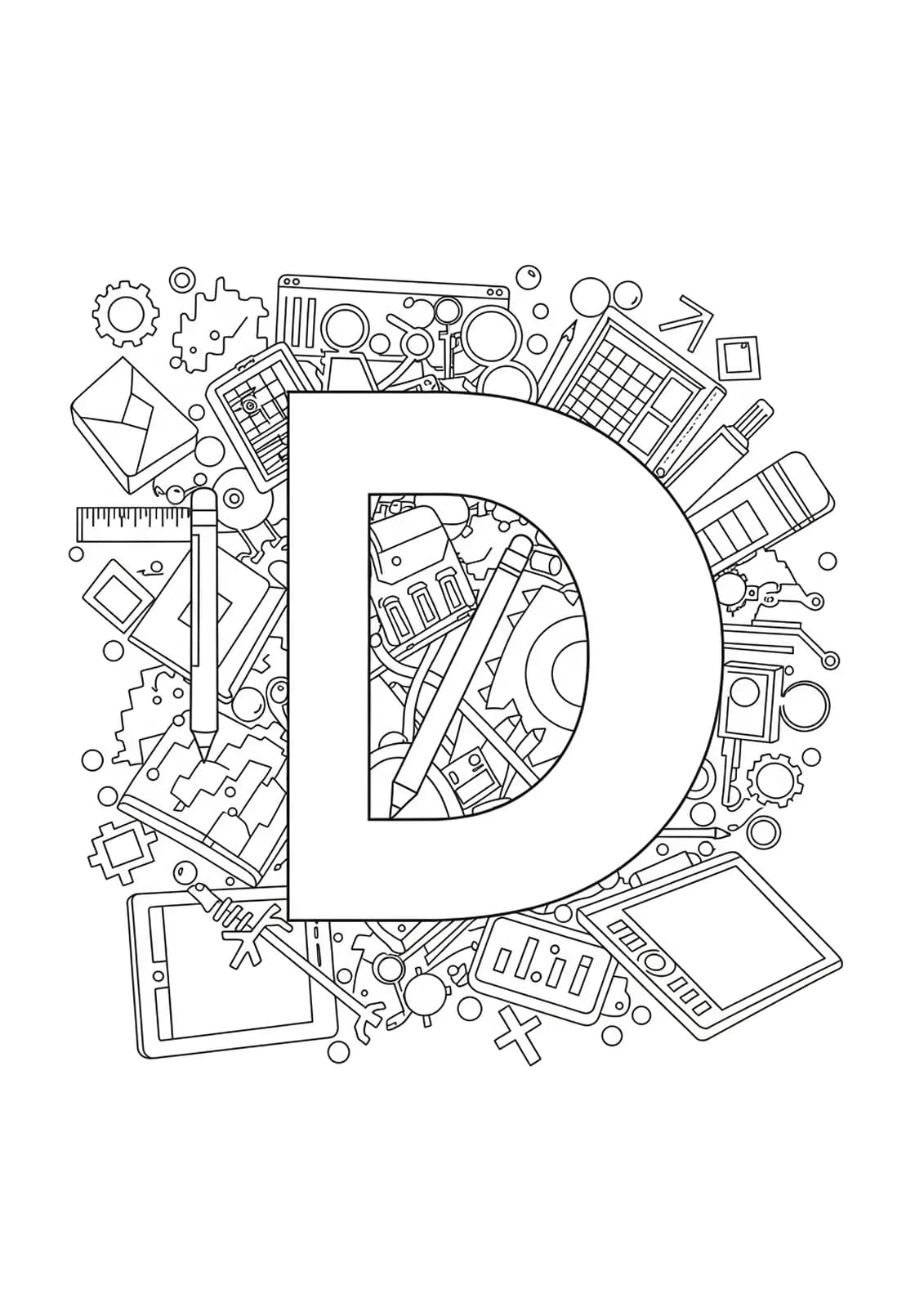 Letter D with digital art supplies and technology motifs for teens to color.