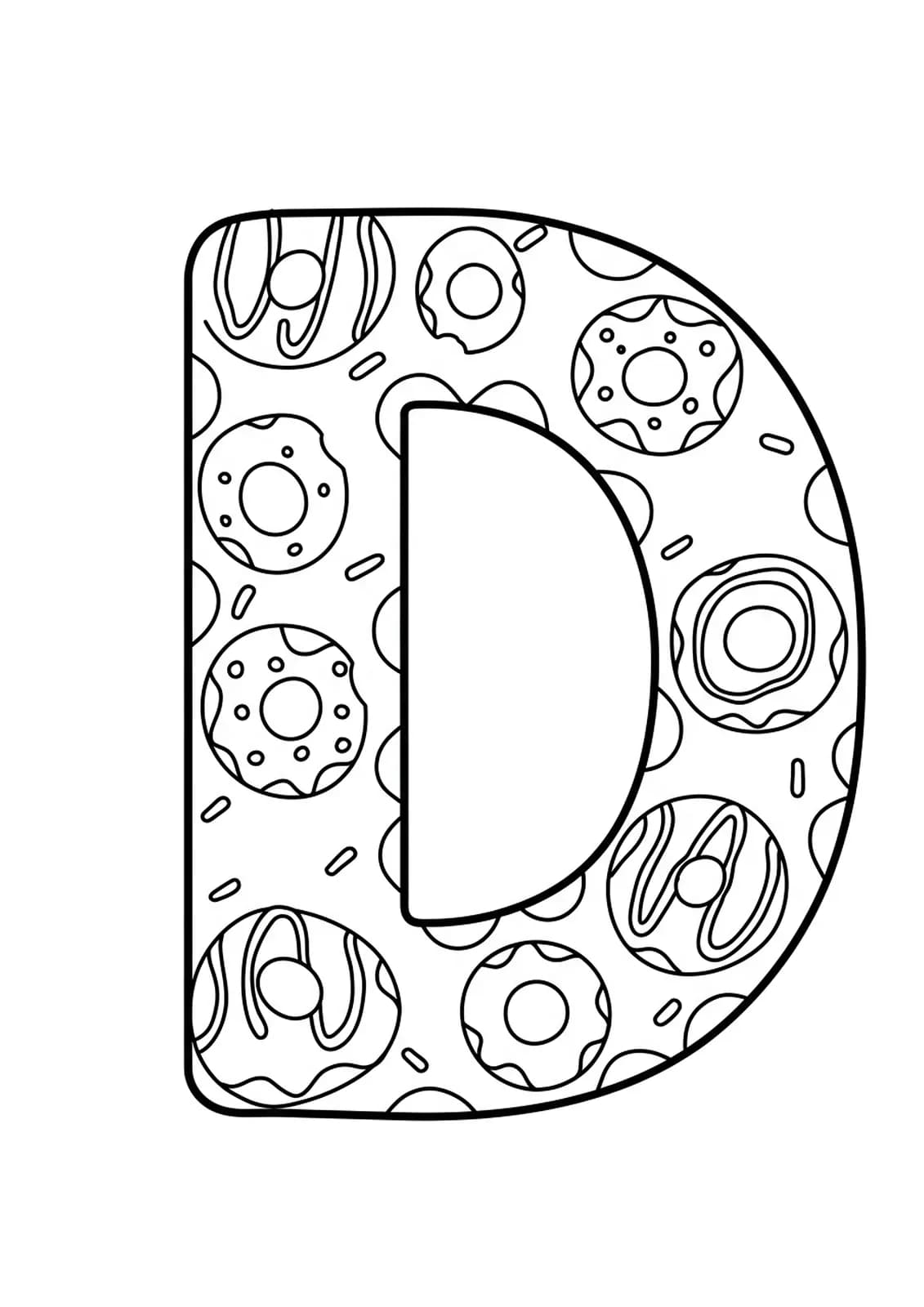 Easy adult coloring page of letter D with simple donut patterns