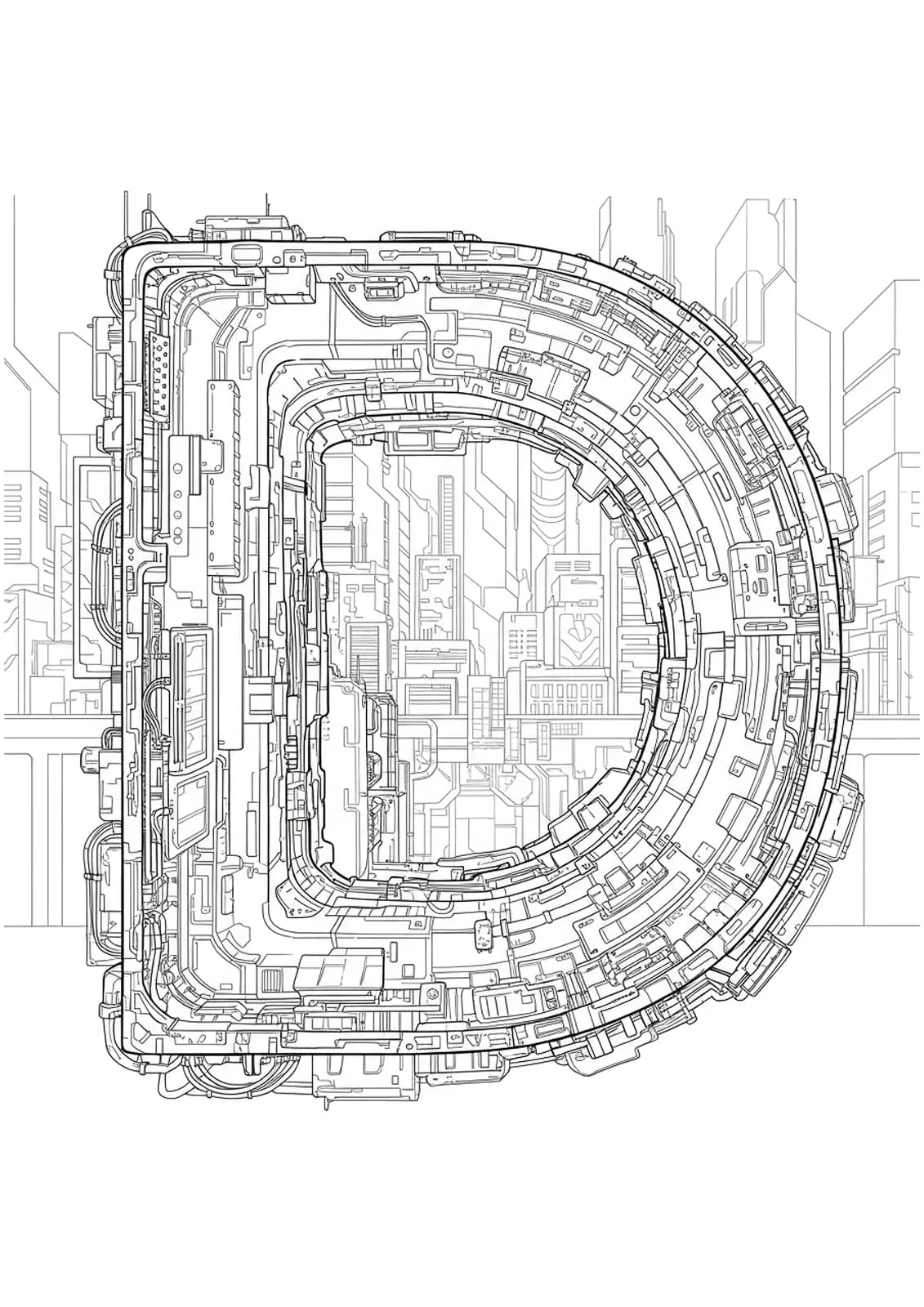 Intricate Letter D coloring page with cyberpunk cityscape, neon signs, and futuristic buildings for teens.