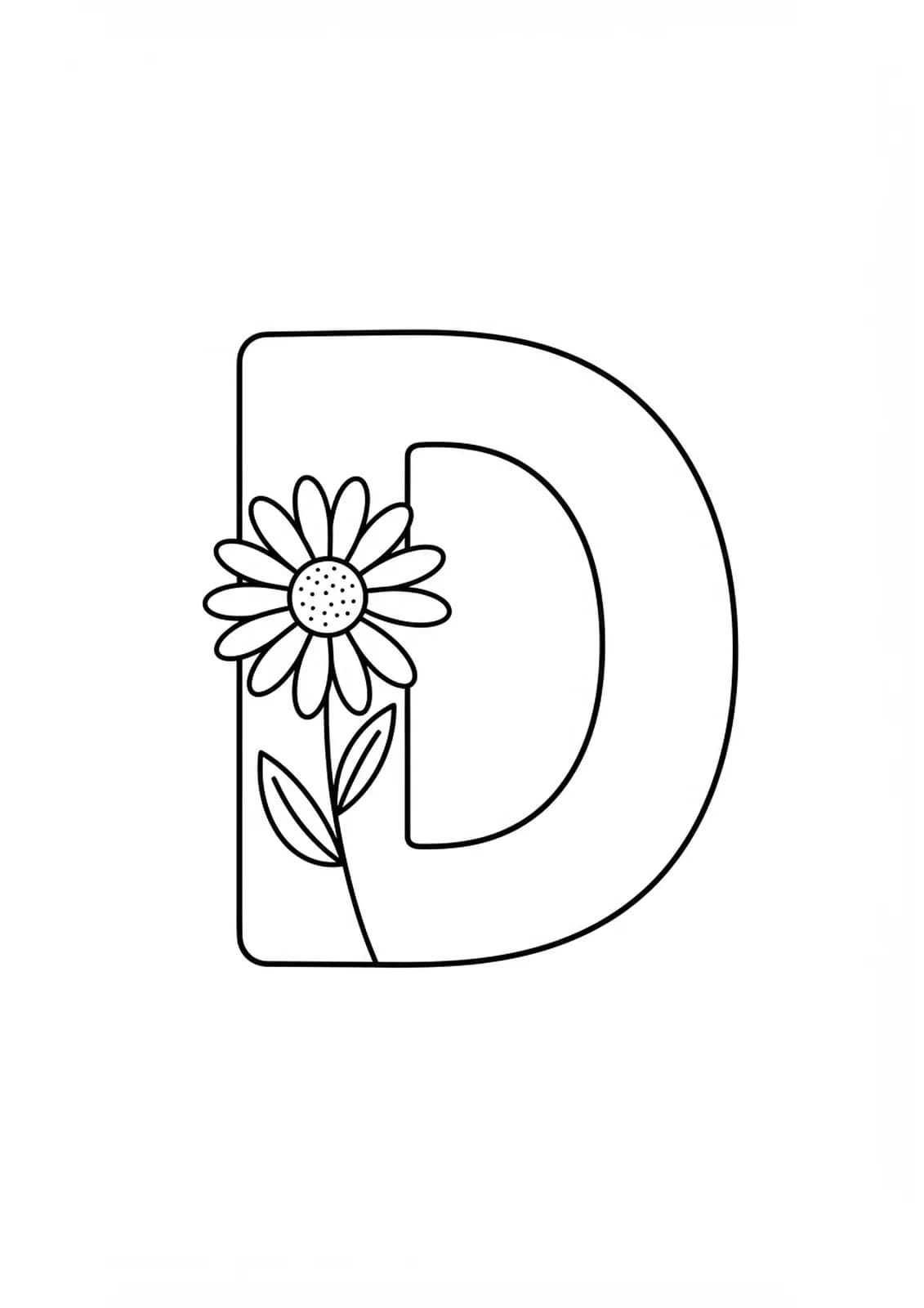 Large letter D and a simple daisy flower, easy outline for preschool coloring.