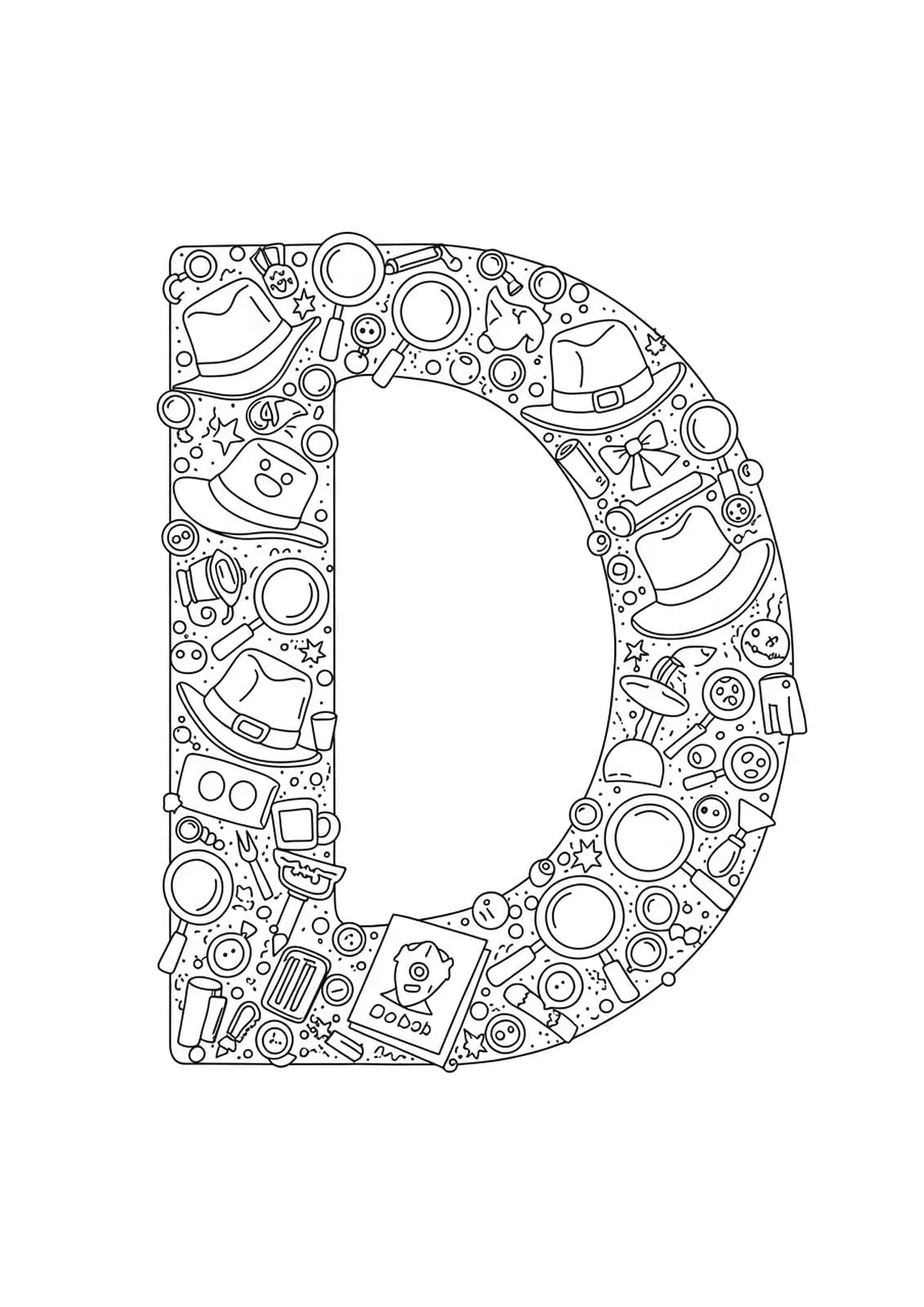Letter D with detective-themed elements like magnifying glasses, clues, and hats for coloring.