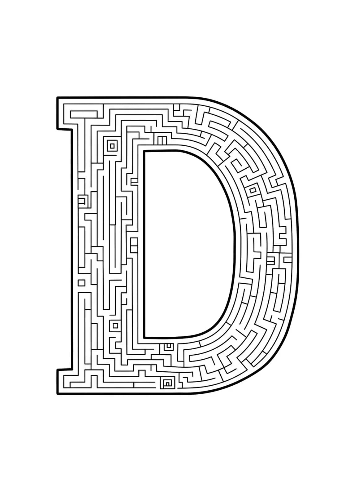 Intricate Letter D coloring page featuring pixel art and maze patterns for teens, hard level.