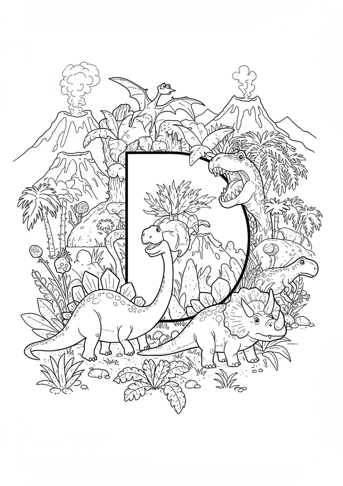 Complex letter D decorated with dinosaurs, foliage, and fossils for kids to color.