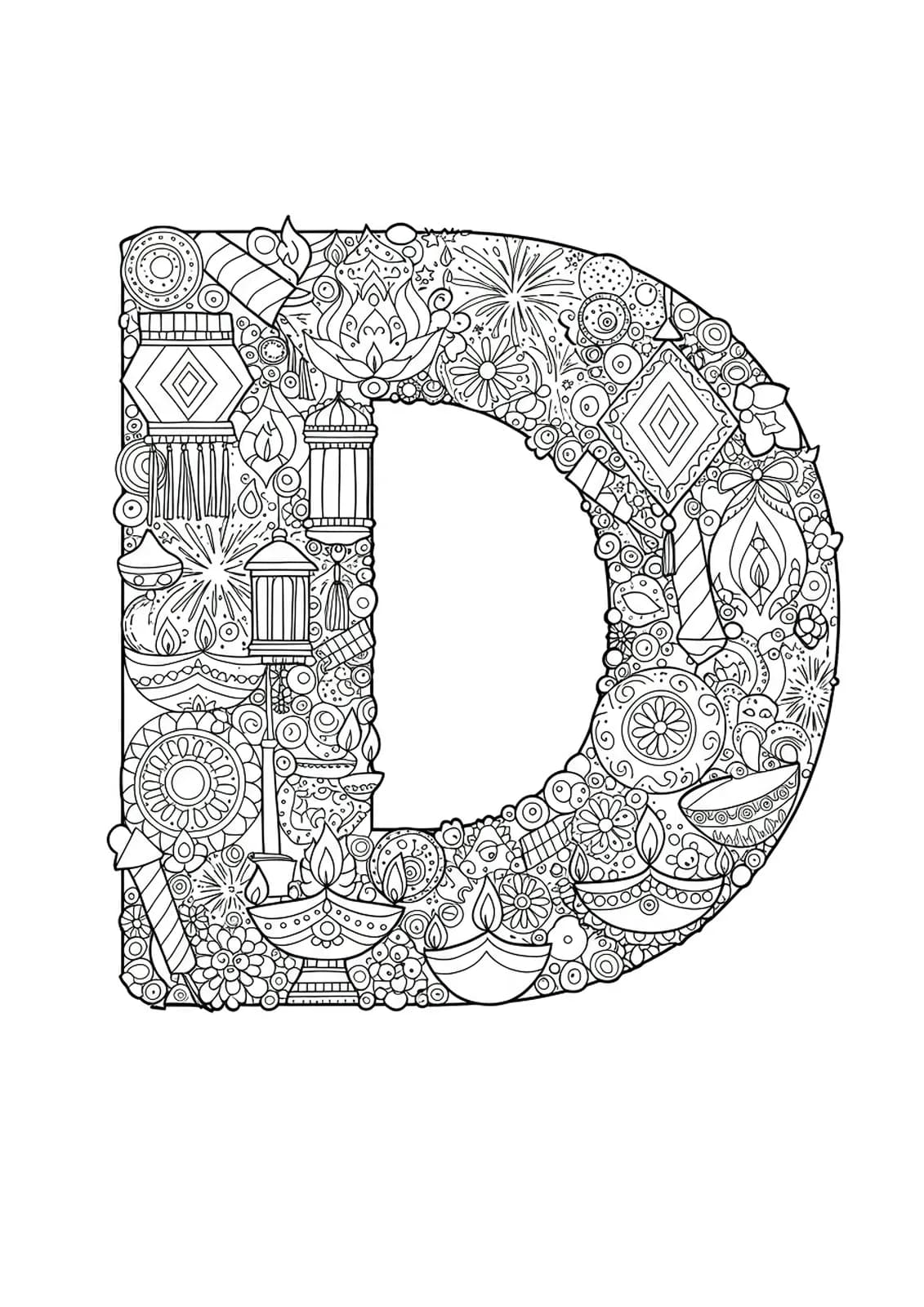 Intricate letter D with Diwali lamps, rangoli, and festive patterns for kids’ coloring.