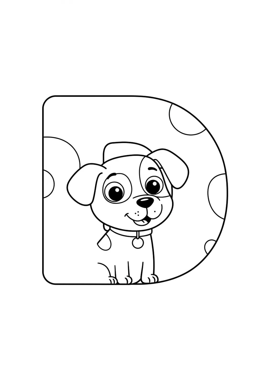 Easy coloring page with a large letter D and a cute dog sitting next to it, designed for preschoolers.