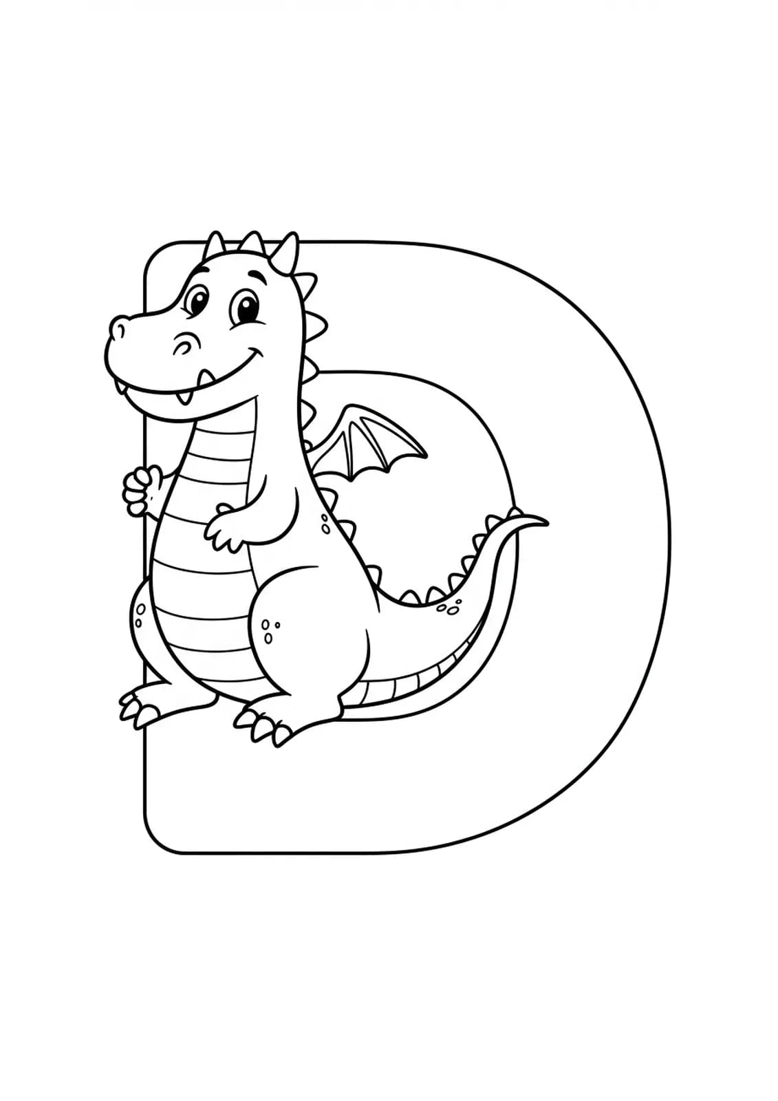Simple coloring page with a big letter D and a cute dragon, easy to color for preschoolers.