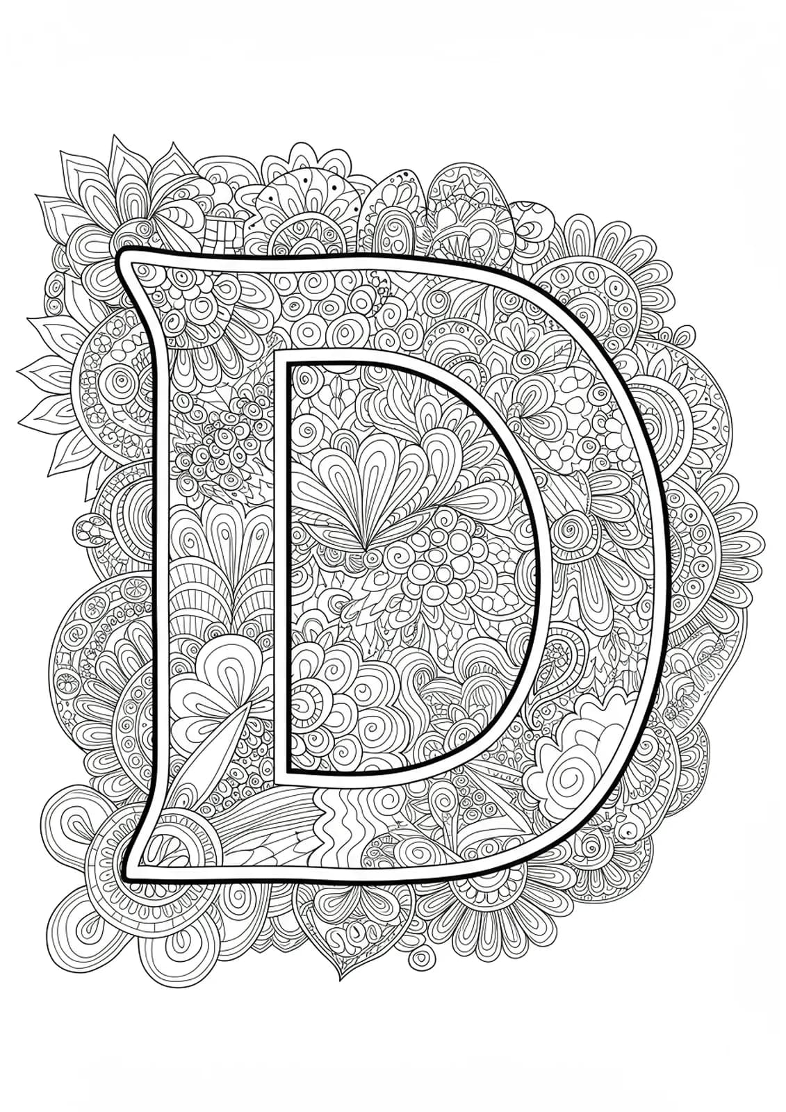 Letter D with a border of medium-detailed abstract doodles for adult coloring.